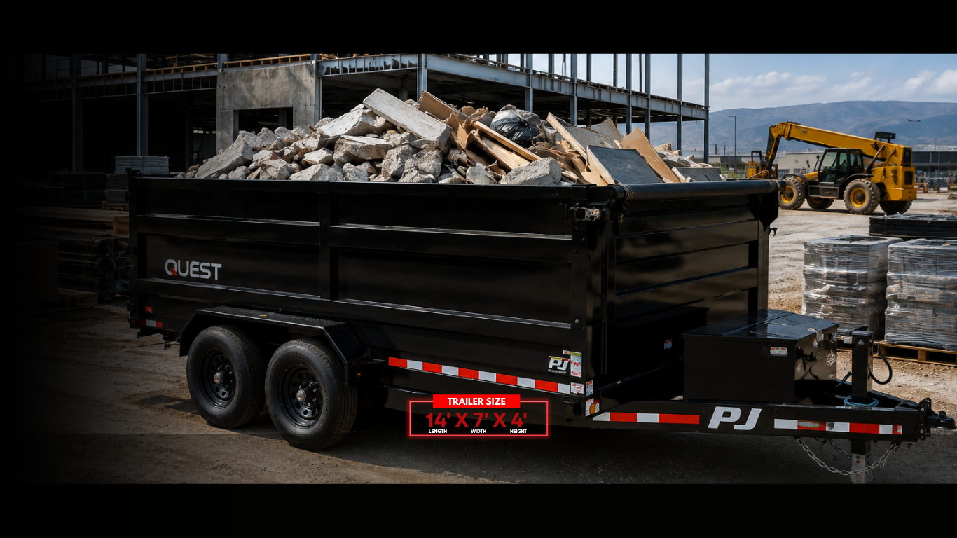 A black Quest dump trailer filled with construction debris on a construction site, with a yellow forklift in the background and mountains in the distance.