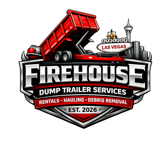 Logo for Firehouse Dump Trailer Services in Las Vegas, featuring a red dump trailer, city skyline, and the slogan 'Rentals - Hauling - Debris Removal', established in 2026.