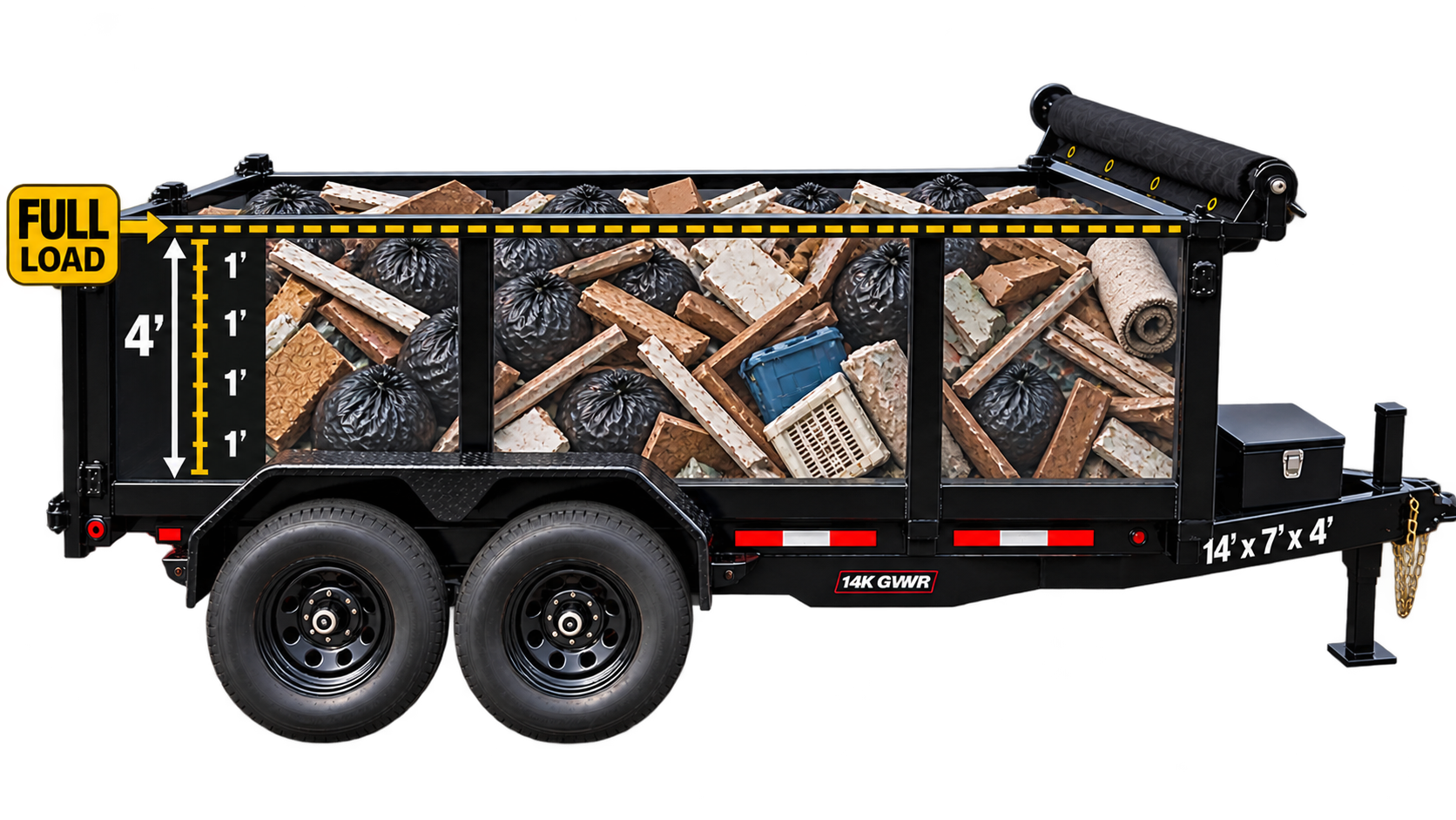 A black metal utility trailer loaded with various construction materials, including bricks, bags, and pipes, with yellow and red safety markings and a sign indicating 'Full Load' and dimensions '14x7x4'.