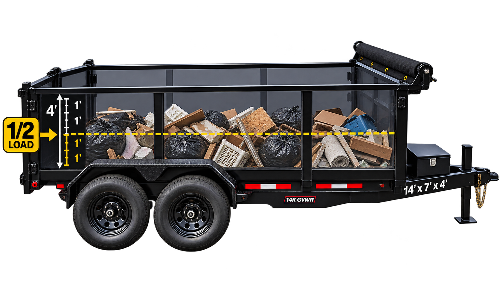 A black trailer filled with assorted trash, including black garbage bags, cardboard boxes, and various debris, with measurement markings and a yellow sign indicating half load capacity.