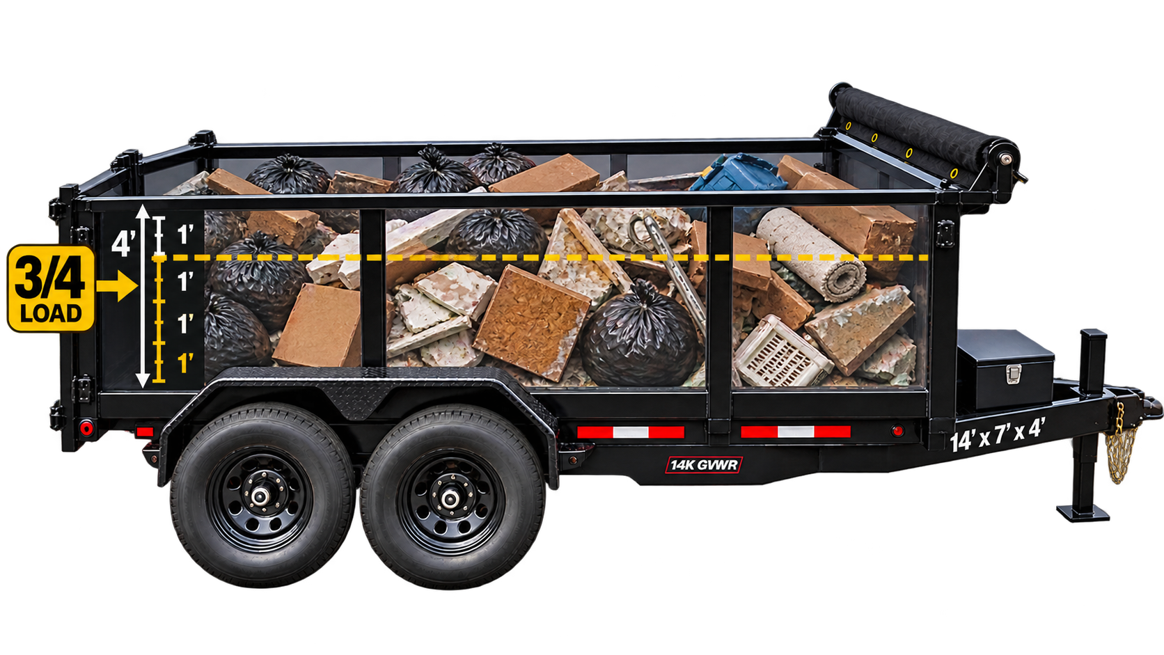 A black dump trailer loaded with various debris, with measurements and a weight capacity label on the side.