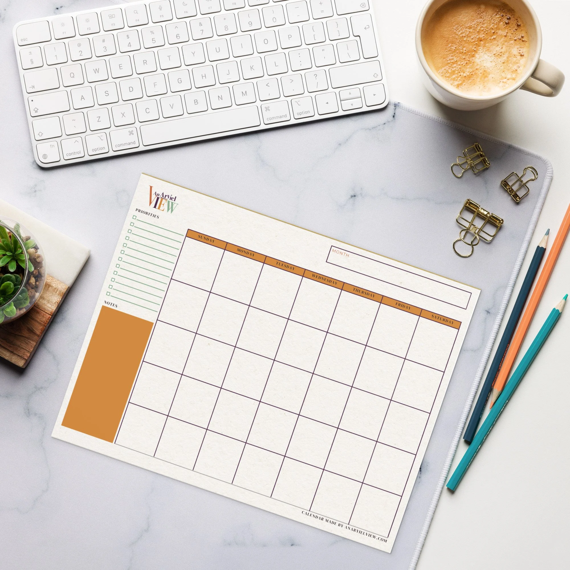 Undated Monthly Calendar | Golden Amber + Terracotta Monthly Tear- Away