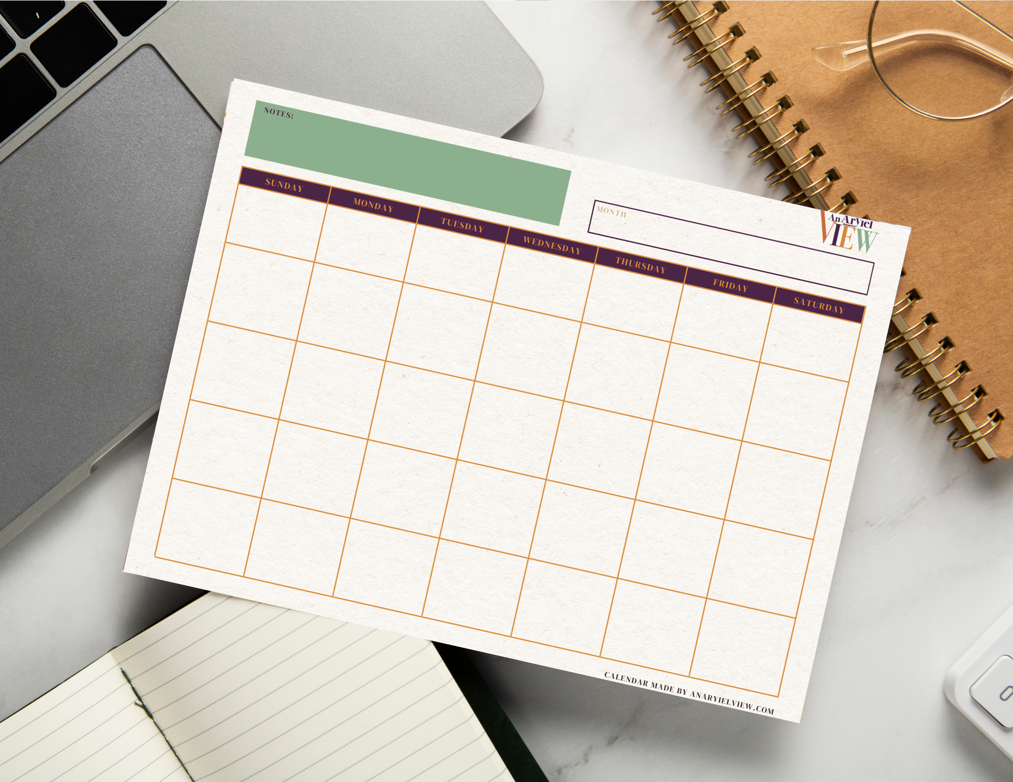 Undated Monthly Calendar Printable | Sage Mist + Deep Fig + Golden Amber | Notes First Layout