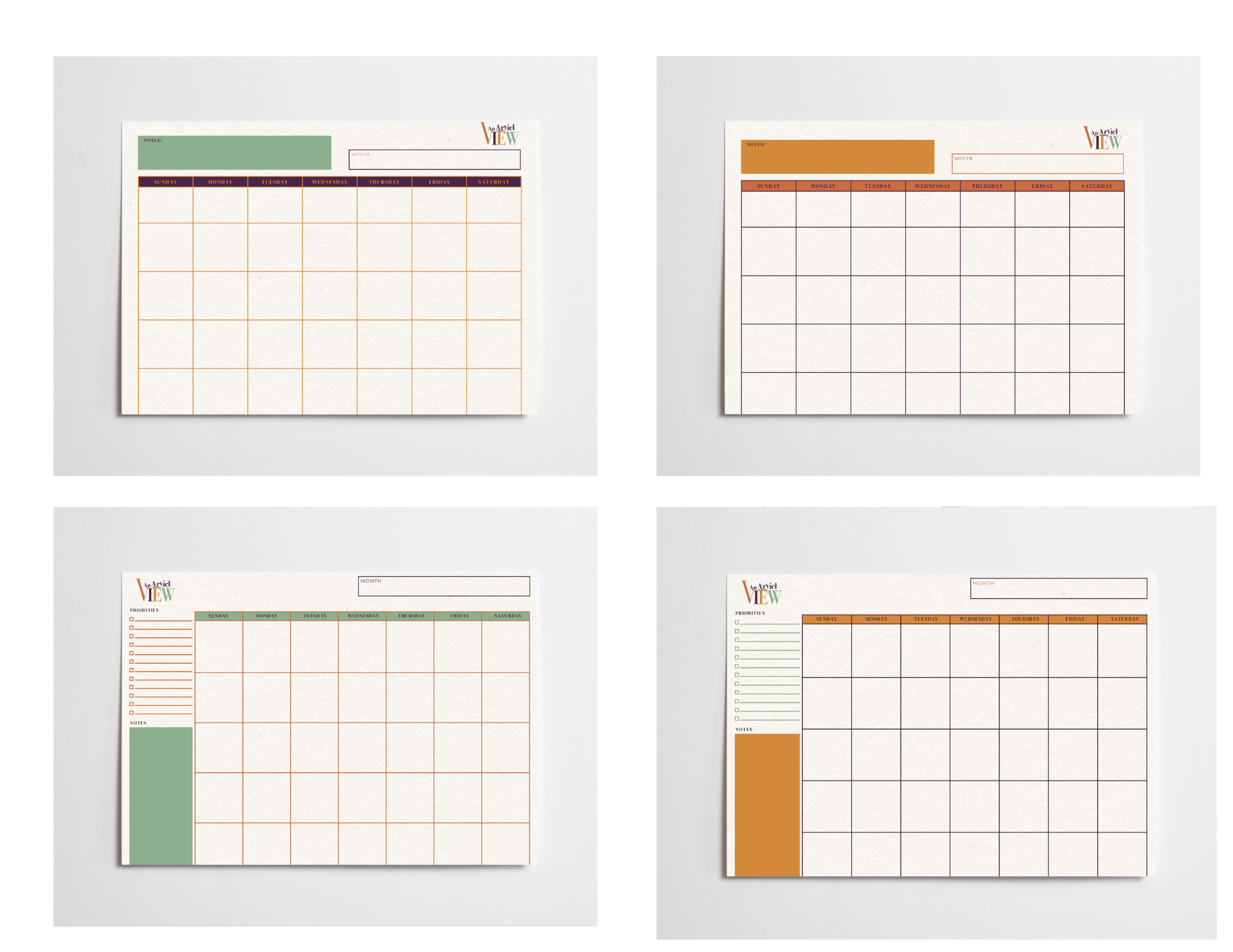 The An Aryiel View Signature Calendar Collection | 4 Undated Monthly Printables | Digital Download Bundle