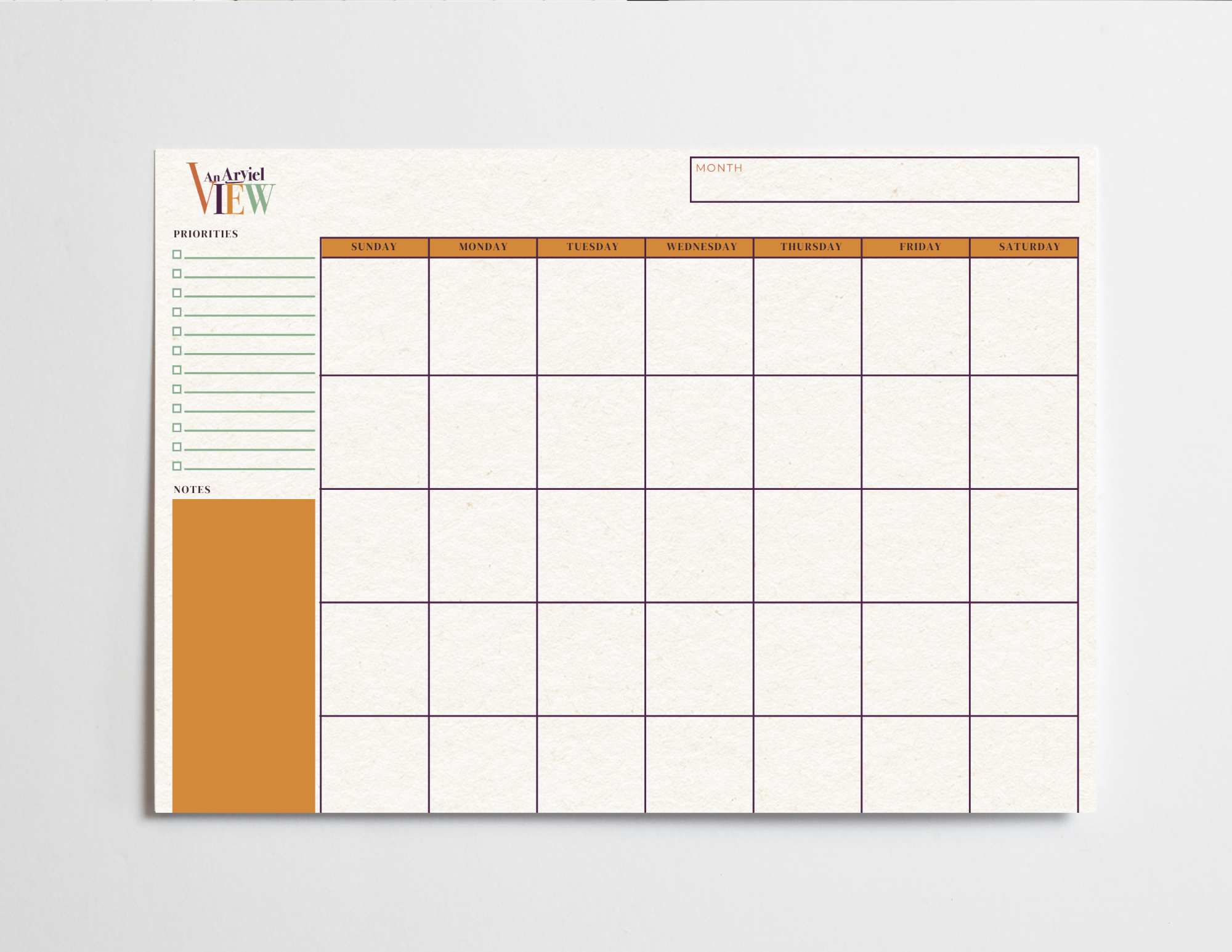 Undated Monthly Calendar Printable Golden Amber Deep Fig | Priorities Checklist Planner Template | ADHD-Friendly | Instant Digital PDF Download