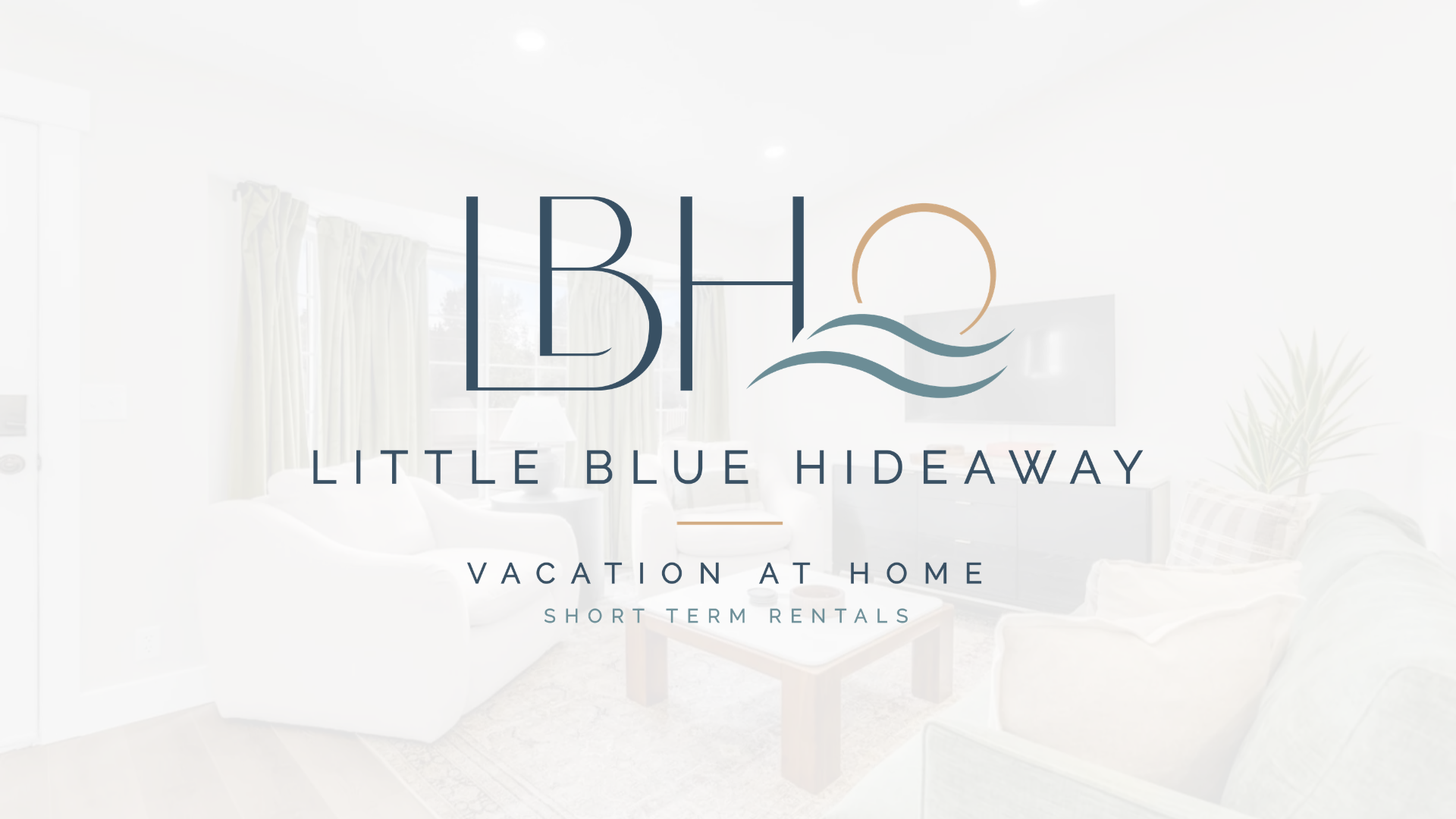Logo for Little Blue Hideaway vacation rental at home with a stylized sun, waves, and text.