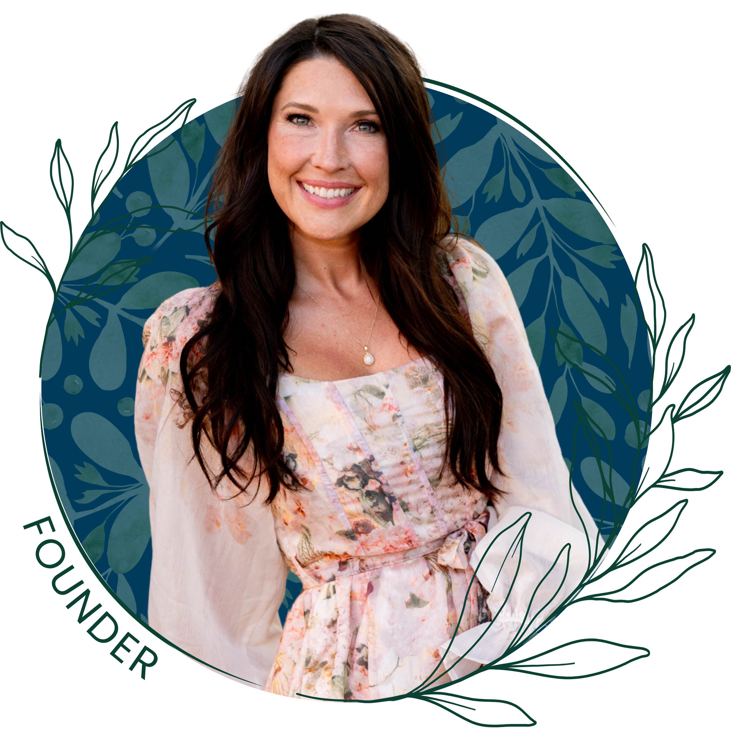 A smiling woman with long dark hair wearing a floral blouse and a pearl necklace against a background of blue and green leaves.