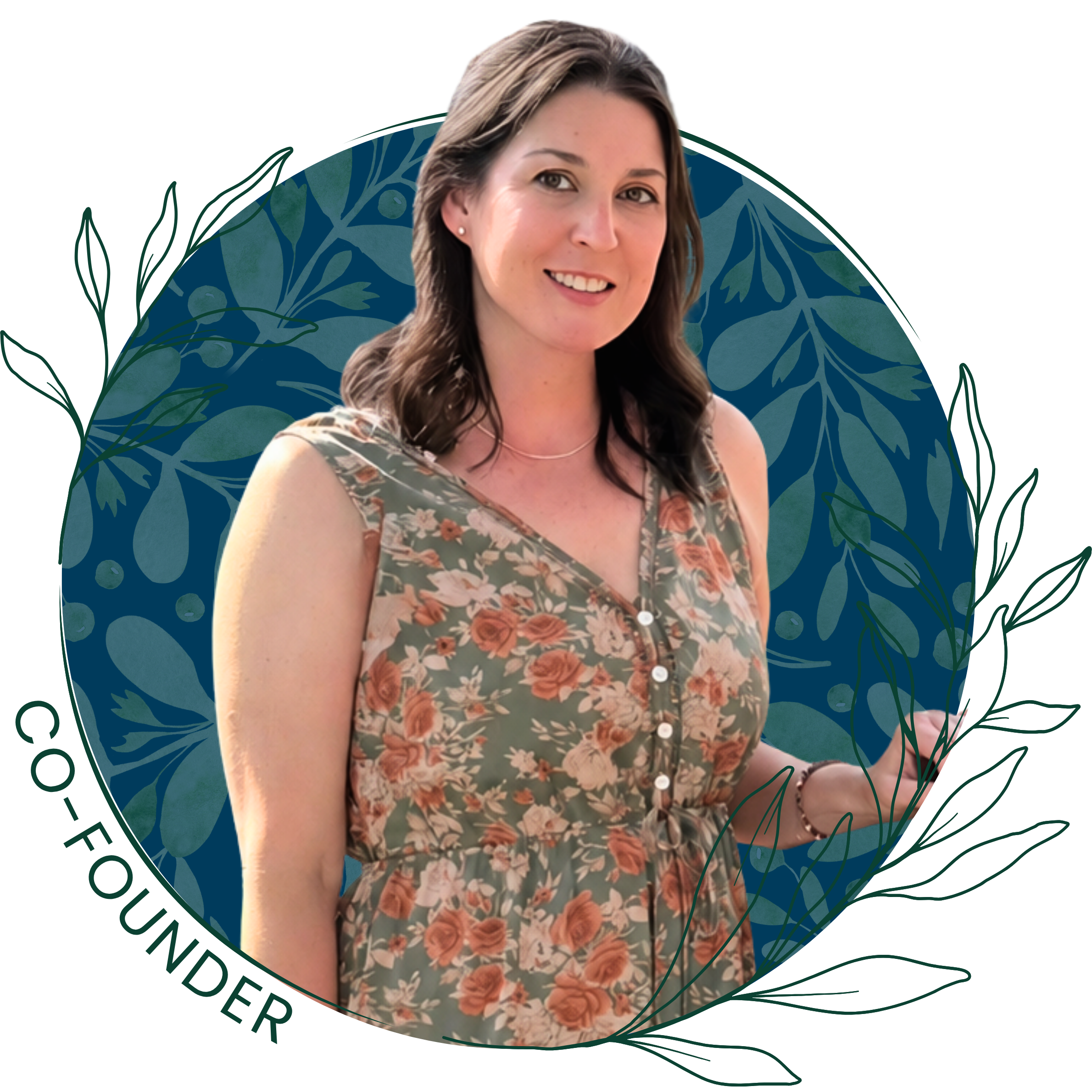 A woman with brown hair, smiling, wearing a sleeveless floral dress, standing in front of a background with blue and green leaf patterns.
