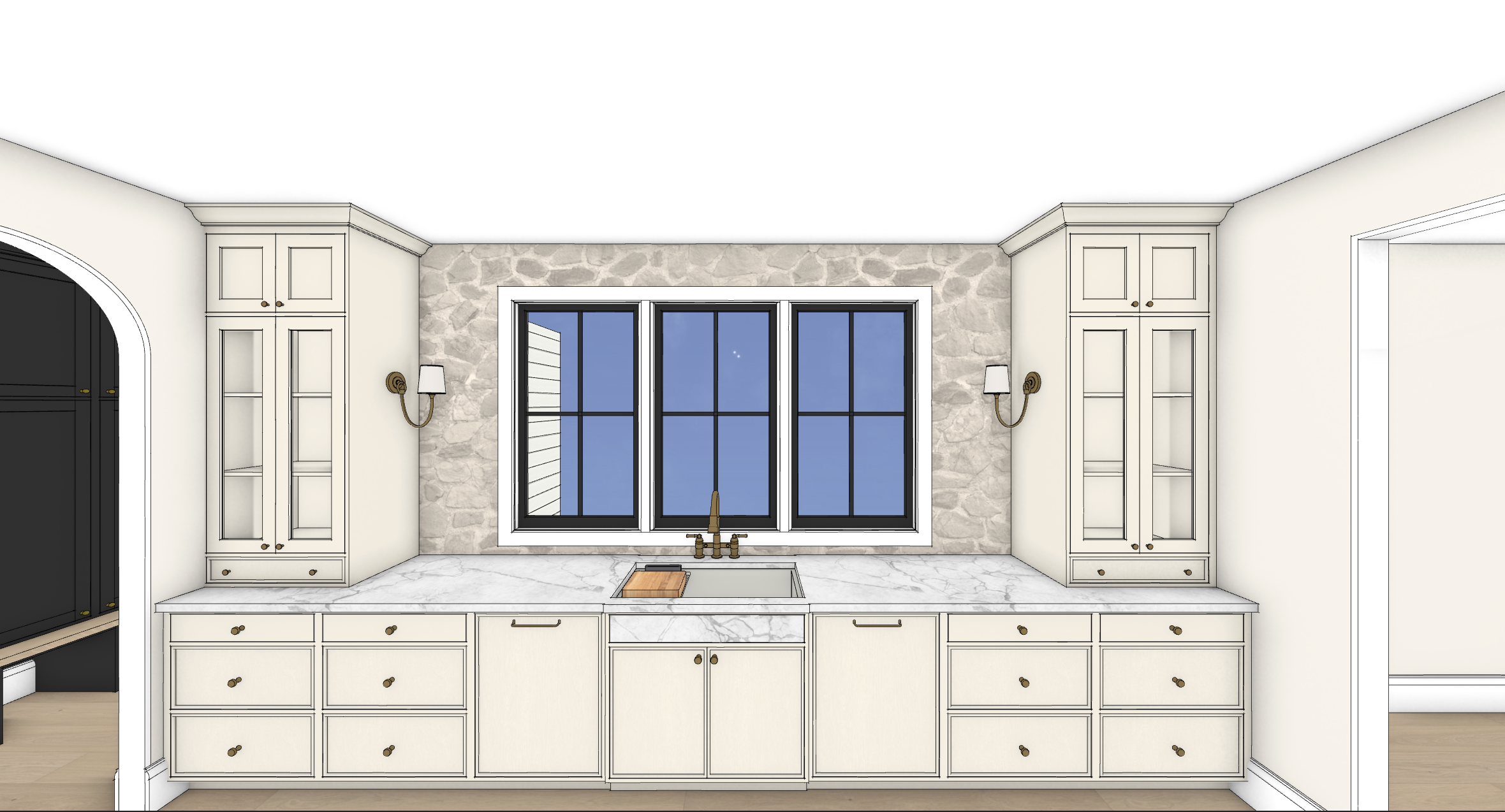 3D rendering of a kitchen with white cabinetry, marble countertop, stone wall, and a window above the sink.
