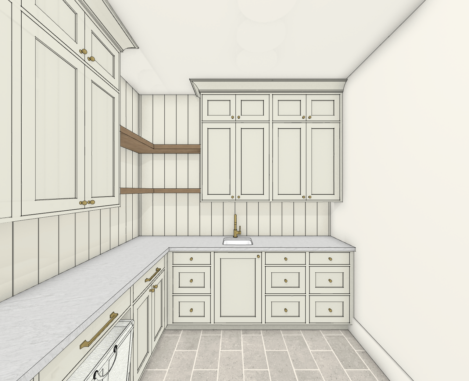 A computer-aided design of a kitchen featuring white cabinets with gold knobs, a small sink with a gold faucet, and open wooden shelves on a vertical panel wall.