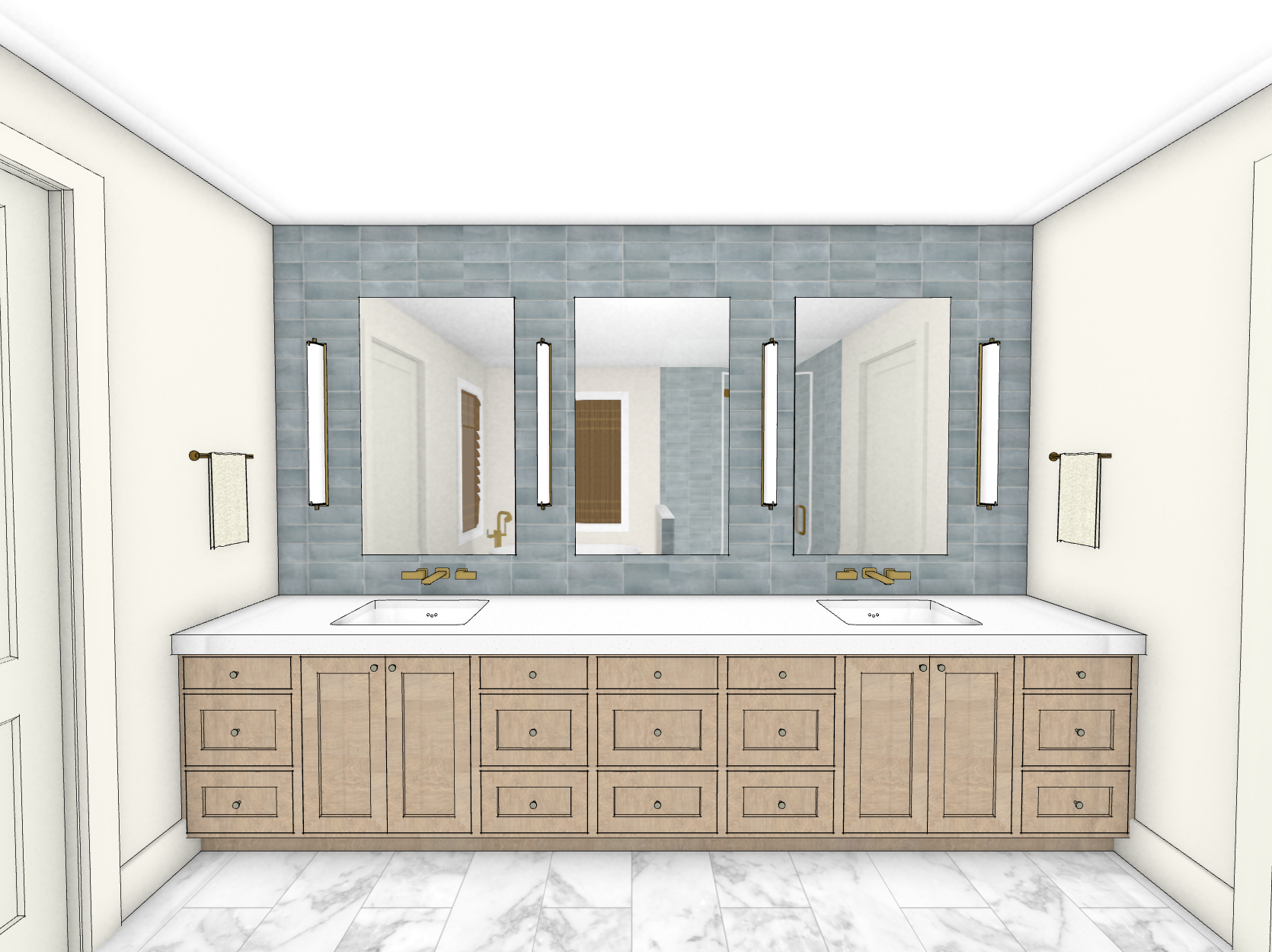 A modern bathroom with a double vanity, three mirrors, gold fixtures, blue tiles, and bathroom accessories.