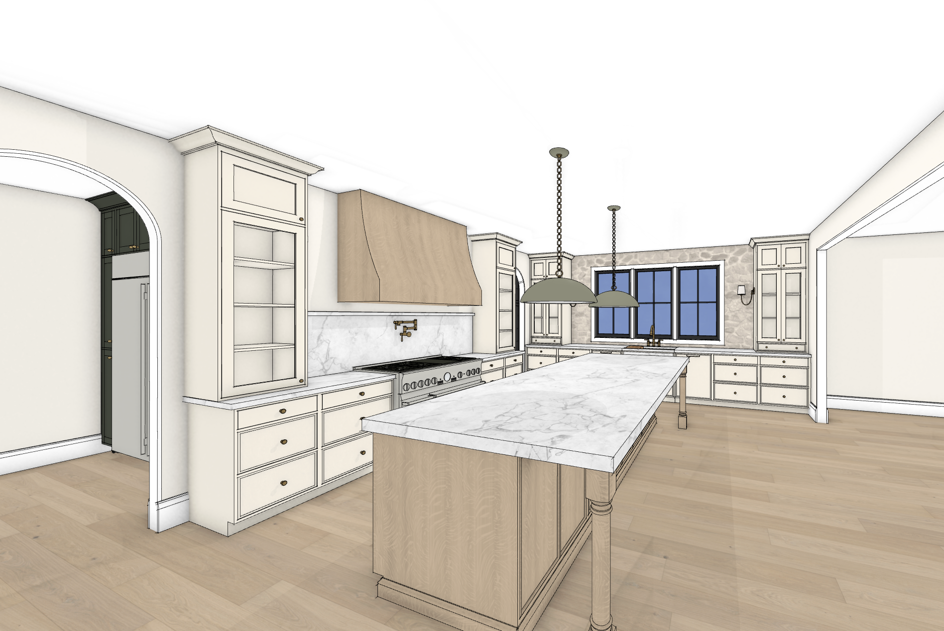 Interior of a kitchen with white cabinets, marble island, stone backsplash, and large window. Two hanging pendant lights above the island.