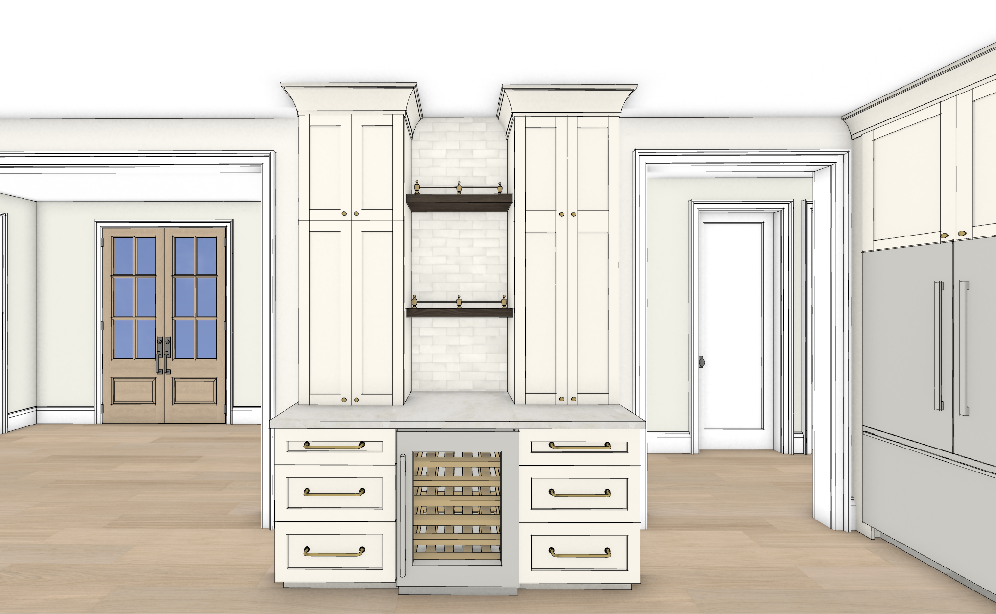 Front view of kitchen with white cabinetry, wooden doors, and a central island with drawers and wine rack, hardwood floor.