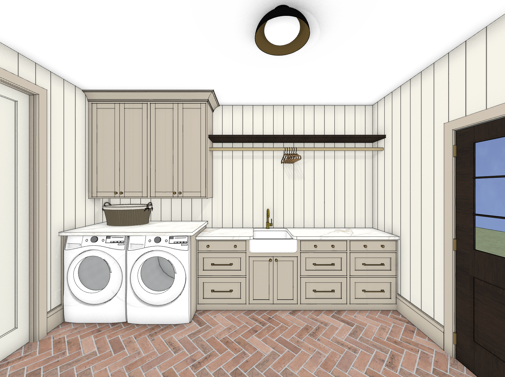 3D rendering of a laundry room with cream-colored cabinets, a white marble countertop, a white farmhouse sink, gold faucet, window, dark wooden shelf with clothes hangers, front-loading washer and dryer, and brick-patterned floor.