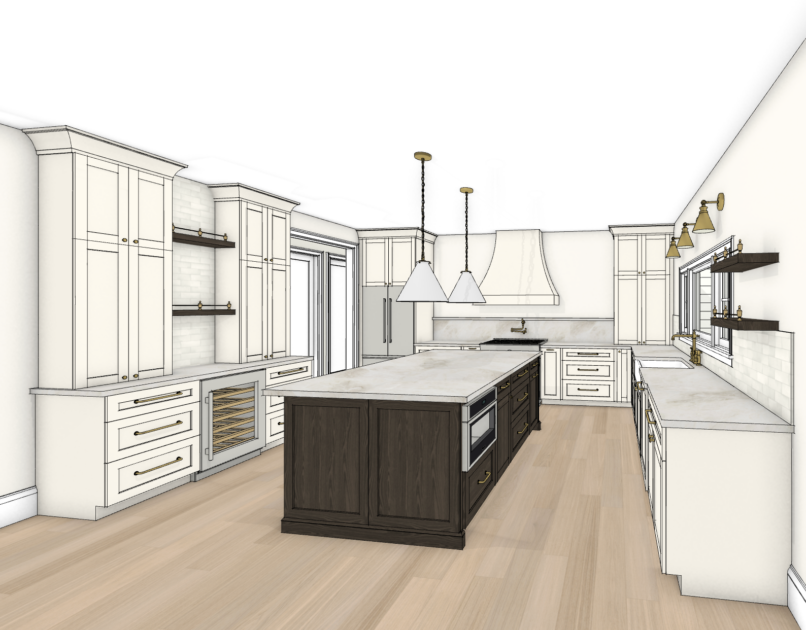 3D rendering of a ktchen with white cabinetry, marble countertops, a central island with dark wood finish, pendant lights, and shelves on the walls.
