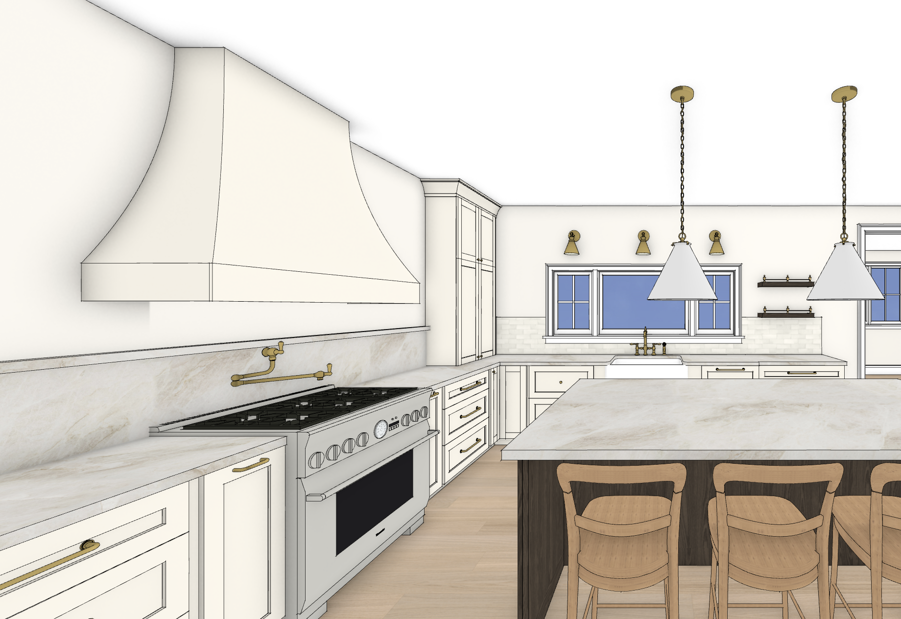3D rendering of a kitchen with white cabinets, a gray stove, beige countertops, and a central island with wooden chairs. It features a window above the sink, gold hardware, and pendant lights hanging from the ceiling.