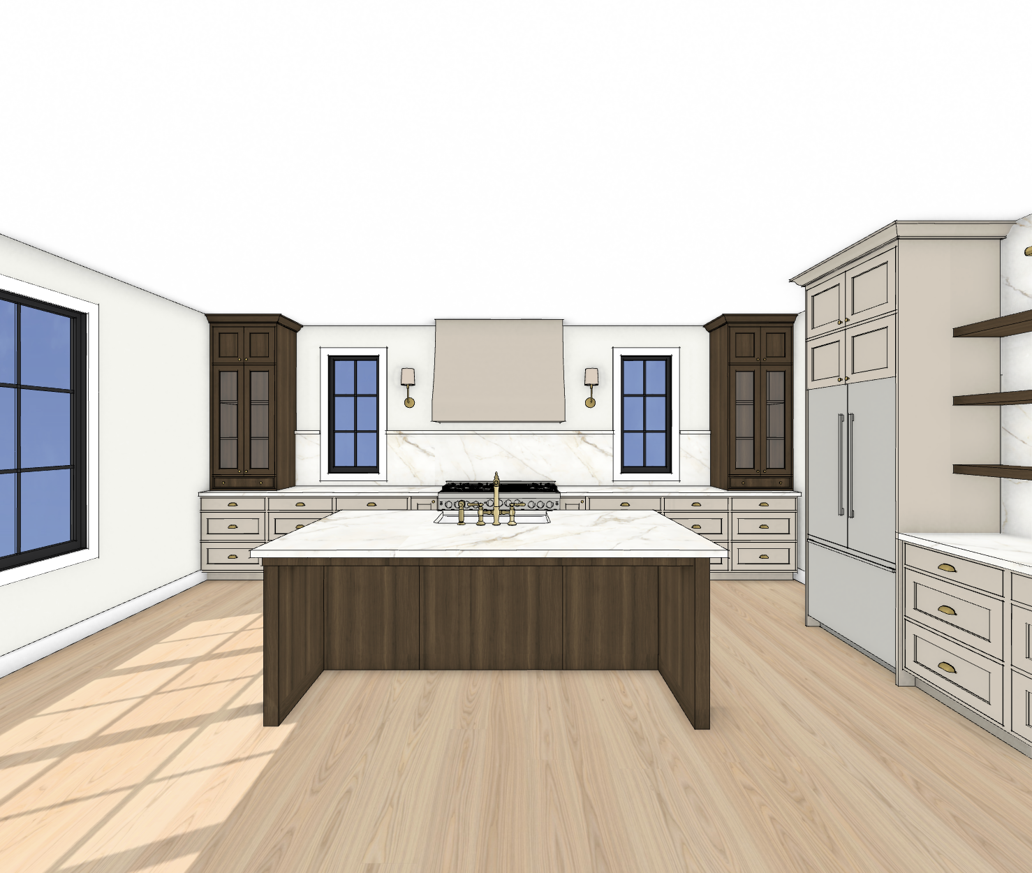 A modern kitchen featuring a large central island with a marble countertop, surrounded by white and dark wood cabinets, and black-framed windows on the back wall.