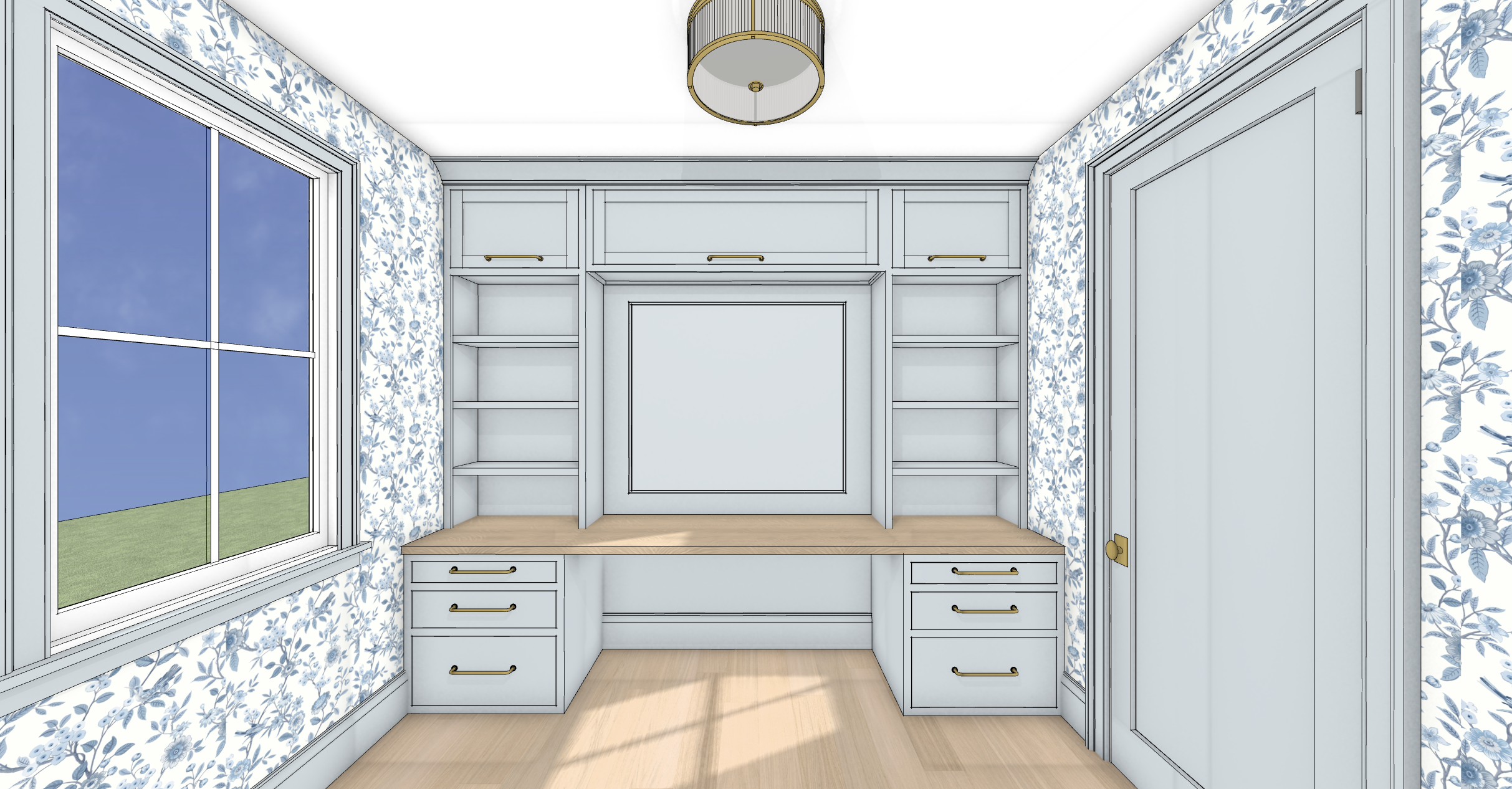 A cozy office with blue floral wallpaper, a large window showing a green lawn outside, built-in white shelves and cabinets, a wooden bench, and a ceiling light with a gold and white drum shade.