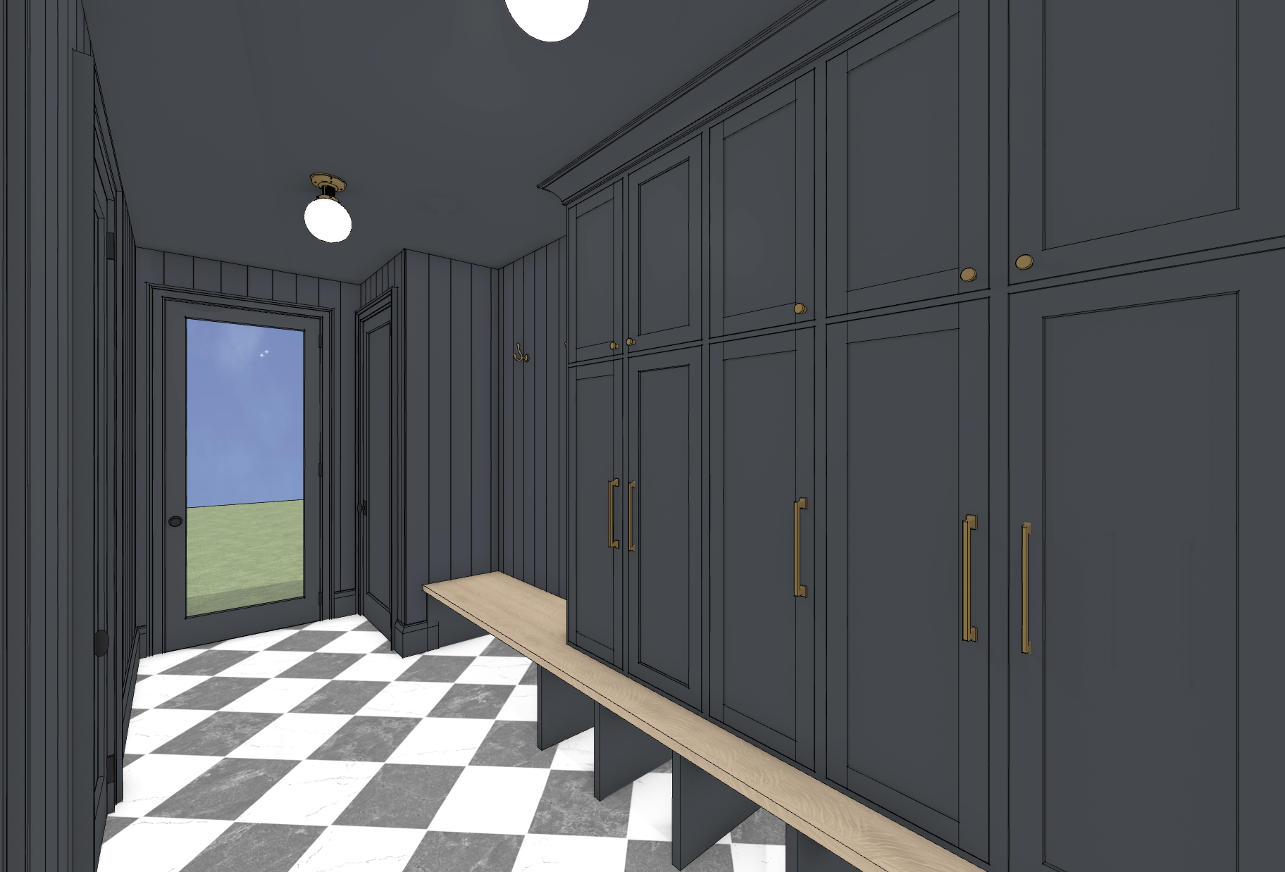A modern mudroom with dark blue cabinetry, gold handles, checkered black and white floor tiles, a wooden bench, and a glass door leading outside to a grassy yard, under a ceiling light fixture.