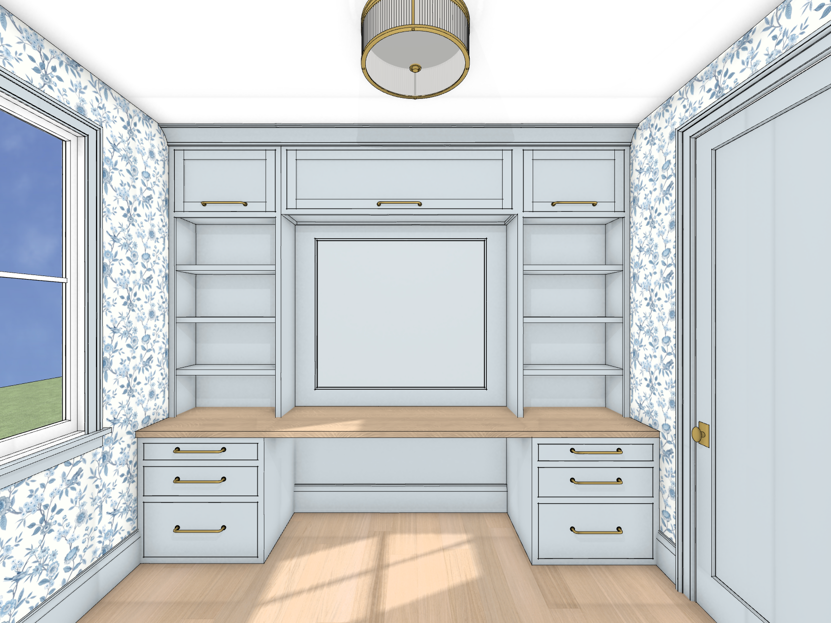 3D rendering of an office with built-in cabinetry and open shelving, a window with blue floral wallpaper on the walls, hardwood flooring, and a ceiling light fixture.
