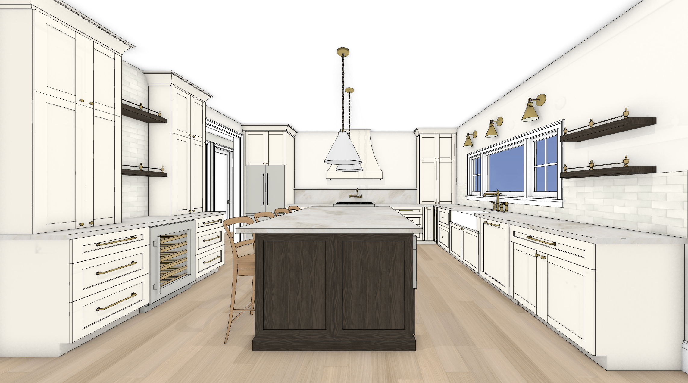 3D rendering of a modern kitchen with white cabinets, a dark island, wooden chairs, and large windows.