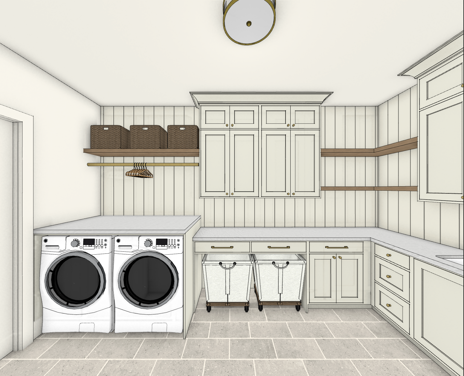 Laundry room with washing machine and dryer side by side, white cabinets, open shelves with storage baskets, hanging rod, and laundry baskets on the floor.