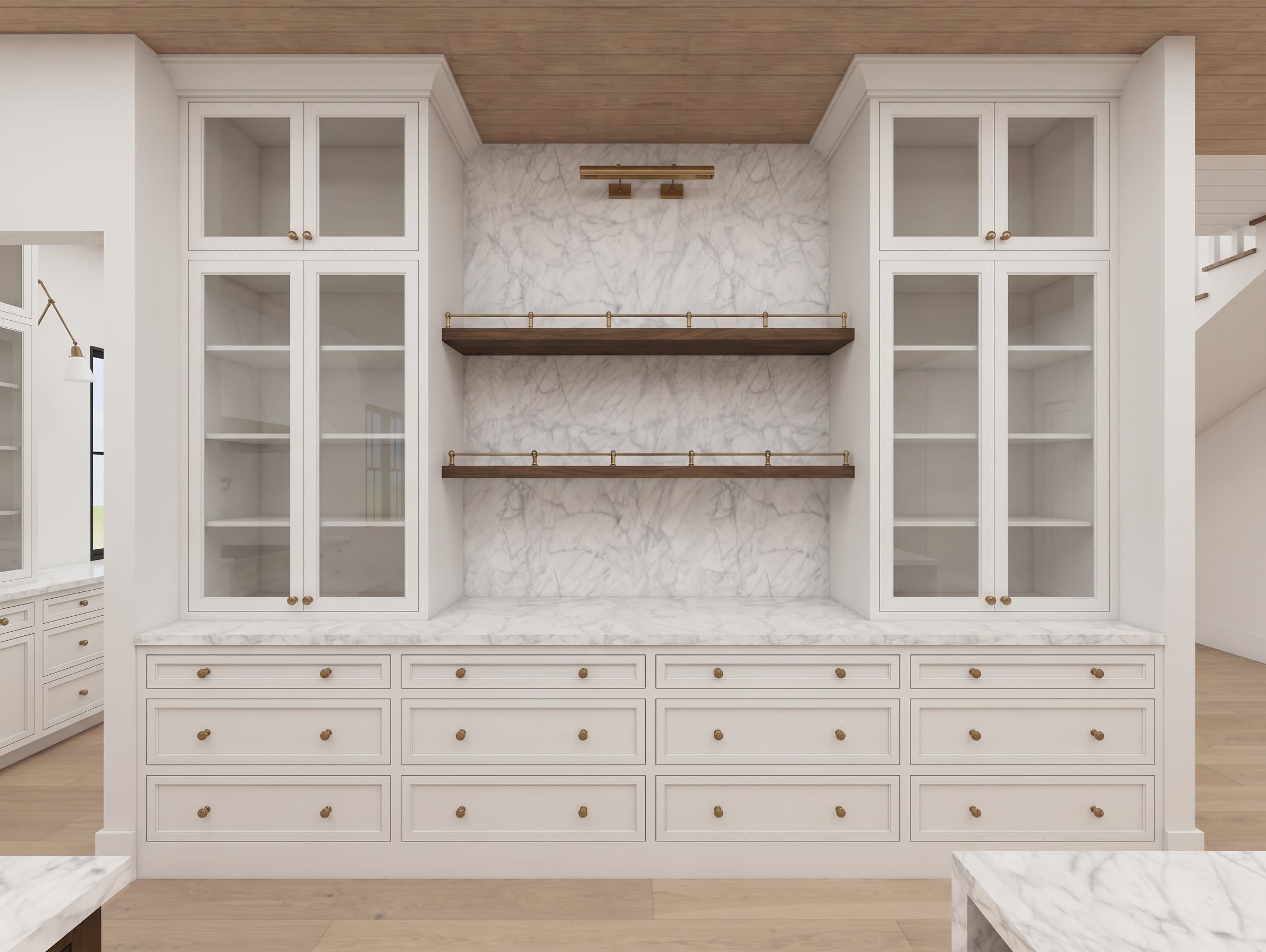 White built-in cabinet with glass doors, three wooden shelves, and gold hardware, set against a marble wall in a modern kitchen.