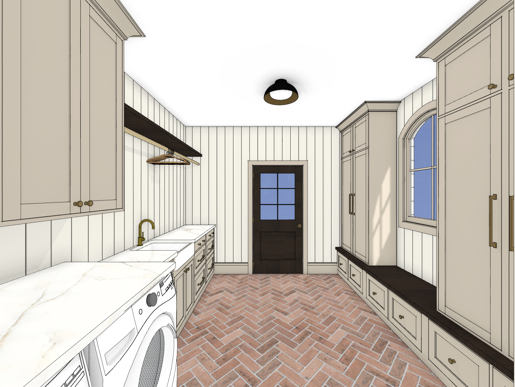 3D rendering of a laundry room with white vertical paneling walls, dark wood cabinets, a white marble countertop, a window with an arch, a black door with window panes, and a herringbone brick floor.