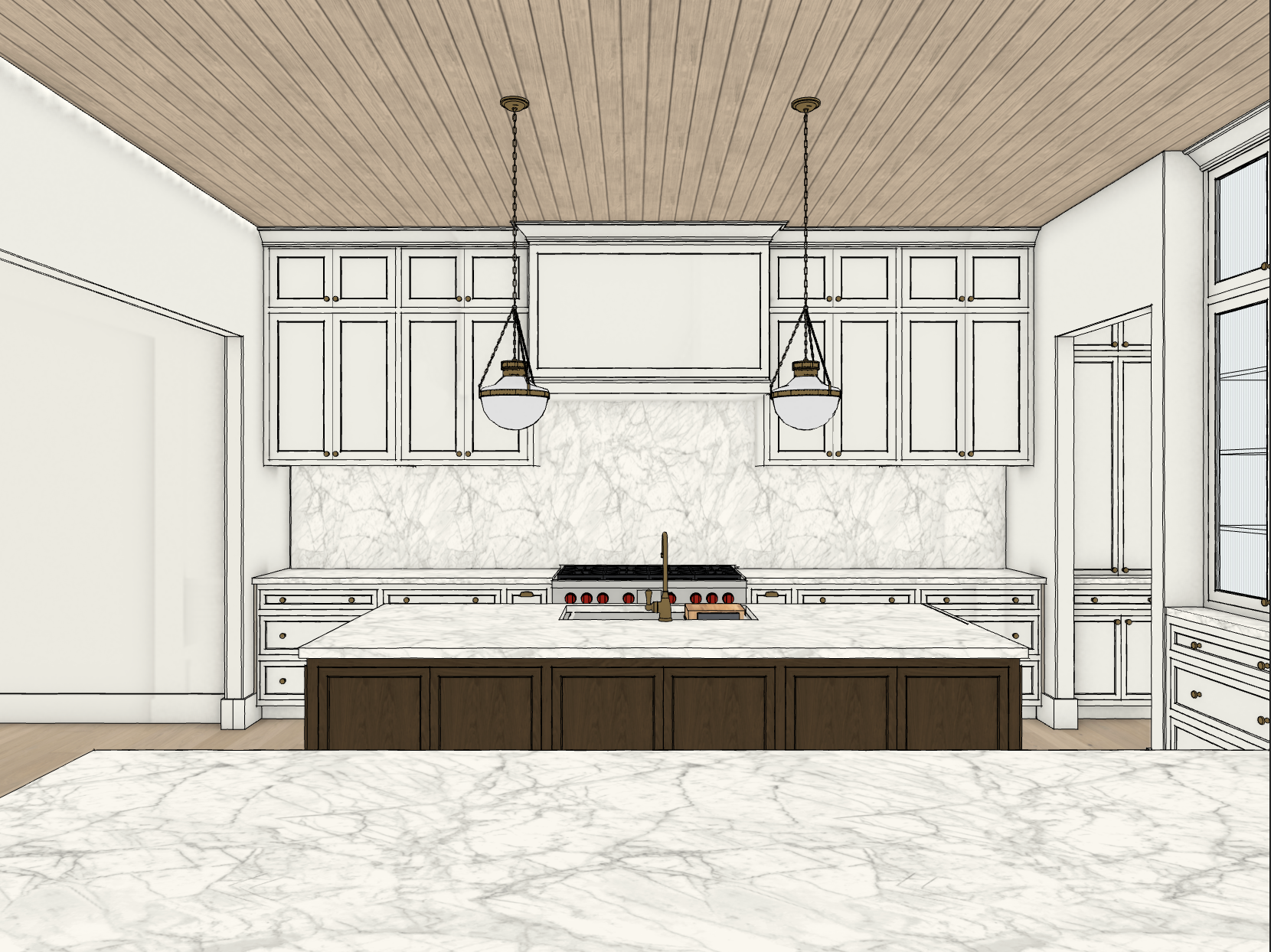A kitchen design with white cabinets, a marble backsplash, and a marble countertop island with dark wood base. There are two hanging pendant lights above the island, a stove with red knobs, and a window on the right side of the room.