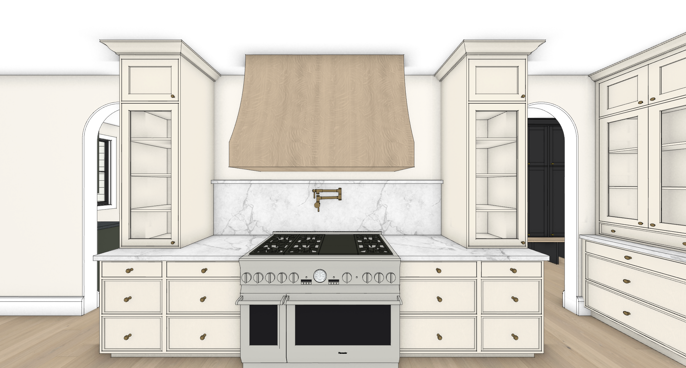 3D Rendering of a kitchen with white cabinets, marble countertop, stove, and a range hood