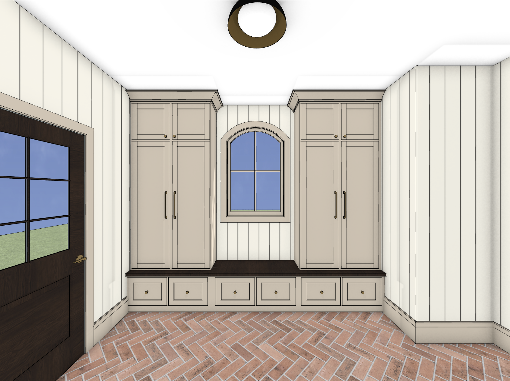 3D rendering of a custom mudroom with white paneled cabinetry, a window with an arched top, and a brick-patterned tile floor.