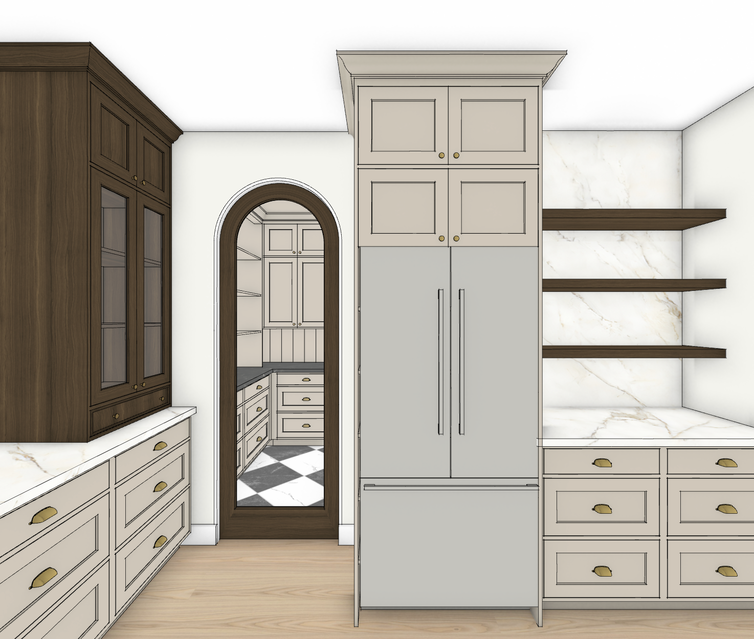 Digital sketch of a kitchen with white and wood cabinets, open shelving, marble countertops, and a full-length mirror.
