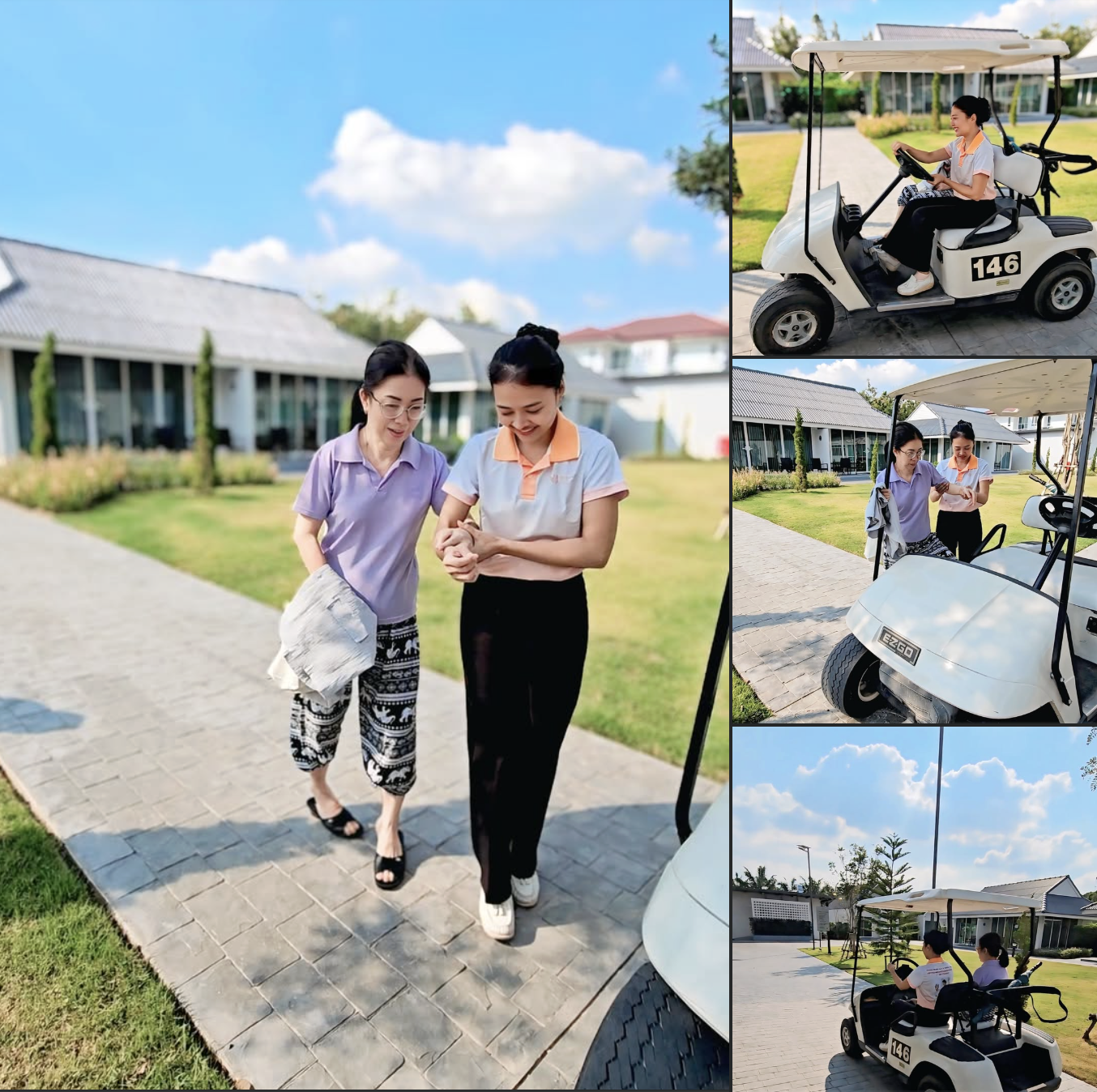Two women walk together on a paved path outside a building, smiling. Inset images show a woman driving a white golf cart, and others standing near the golf cart, in a sunny, well-maintained outdoor setting with lawns and buildings.
