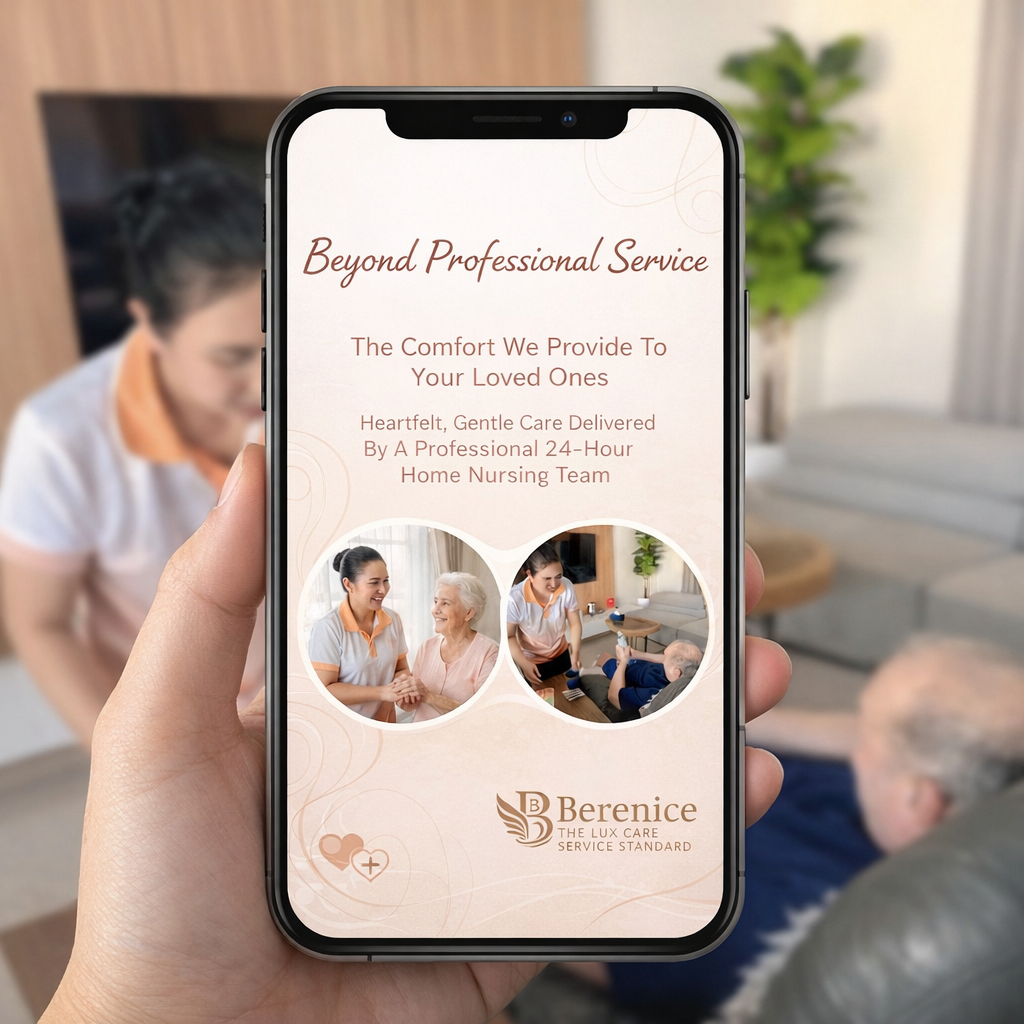 Smartphone displaying a home care service app called Berenice, with images of caregivers providing care to elderly individuals, and text emphasizing beyond professional home nursing services.