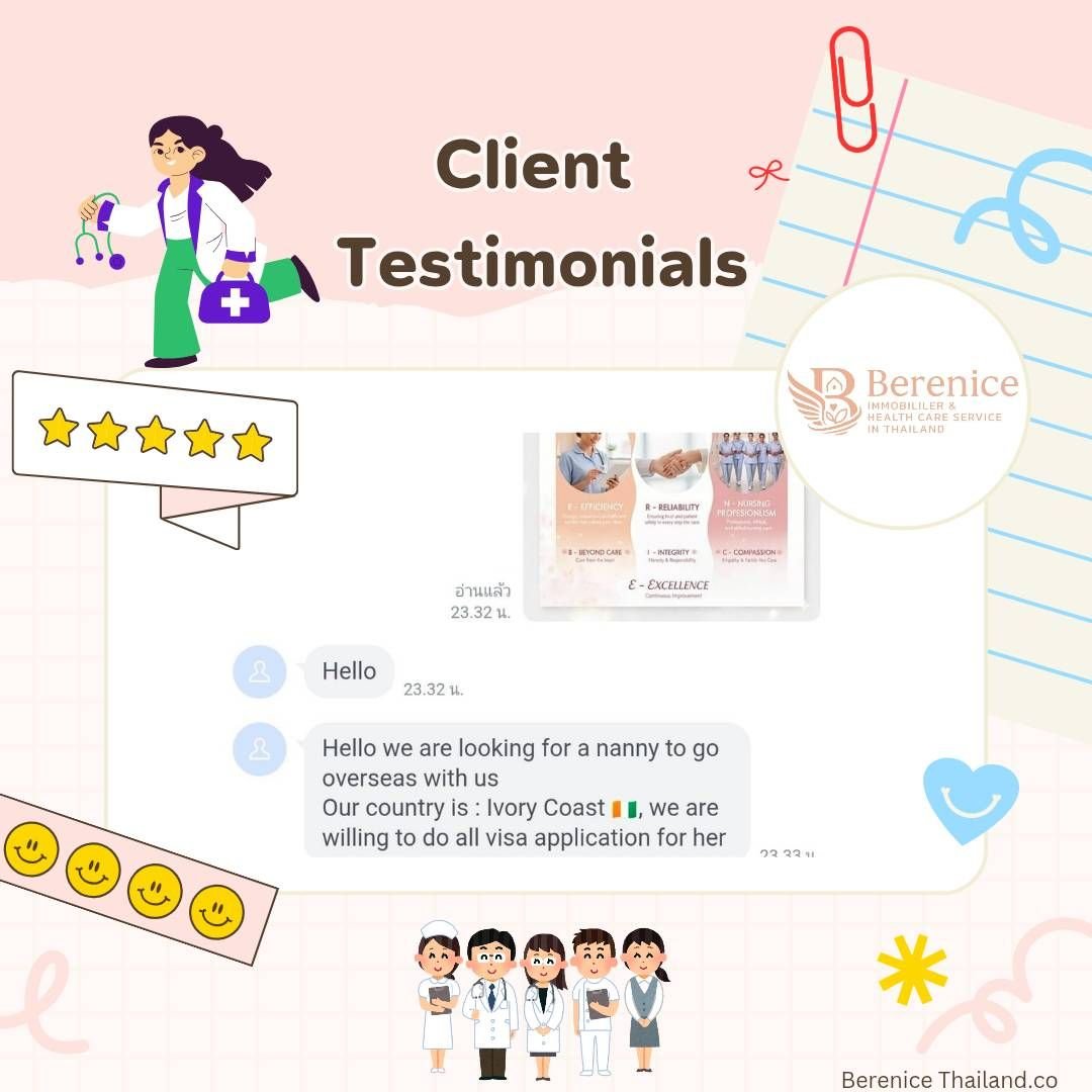 A digital graphic design featuring doctor and healthcare-themed illustrations, including a female doctor with a stethoscope, nurses, and medical icons. The image also displays the text "Client Testimonials," a 5-star rating, chat screenshots discussing visa applications for an overseas nanny, and the Berenice Thailand logo.