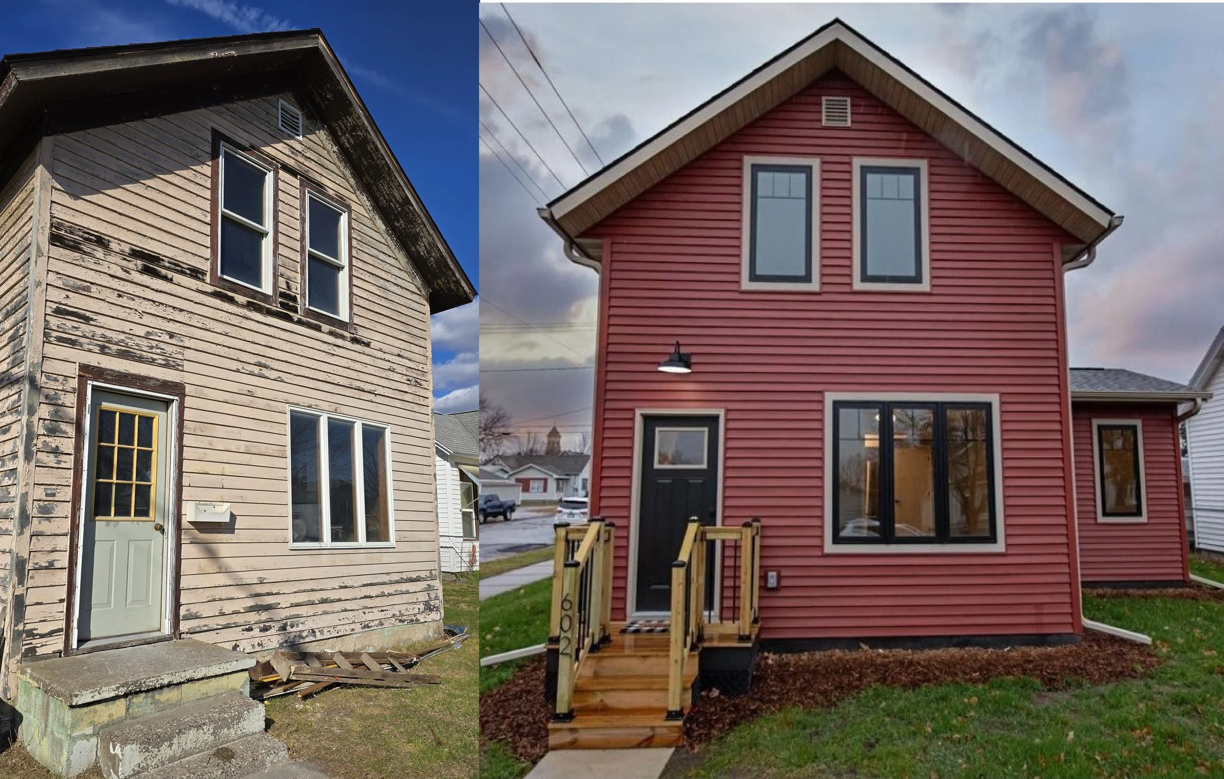 Comparison of two houses: The older house on the left has old, peeling beige siding, a small front porch with steps, and worn windows. The newer house on the right has fresh red siding, a small front porch with new stairs, modern black-framed windows, and a clean, landscaped yard.