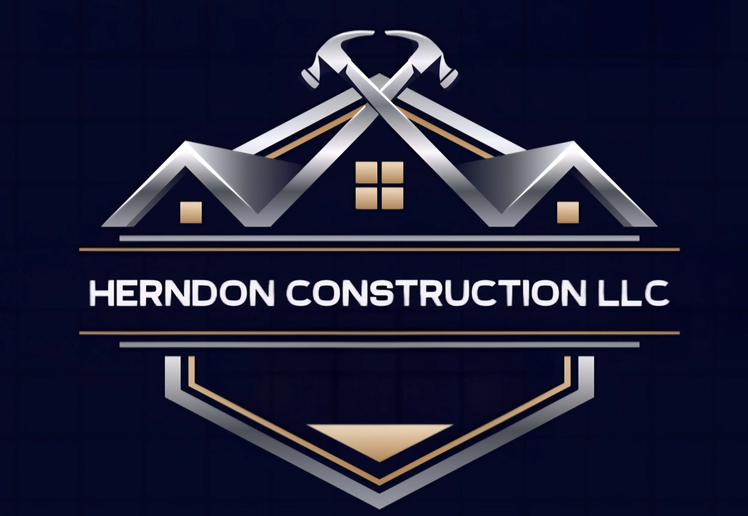 Logo for Herndon Construction LLC featuring stylized houses with crossed hammers above, and a shield-shaped border with a grid pattern, set against a dark background.