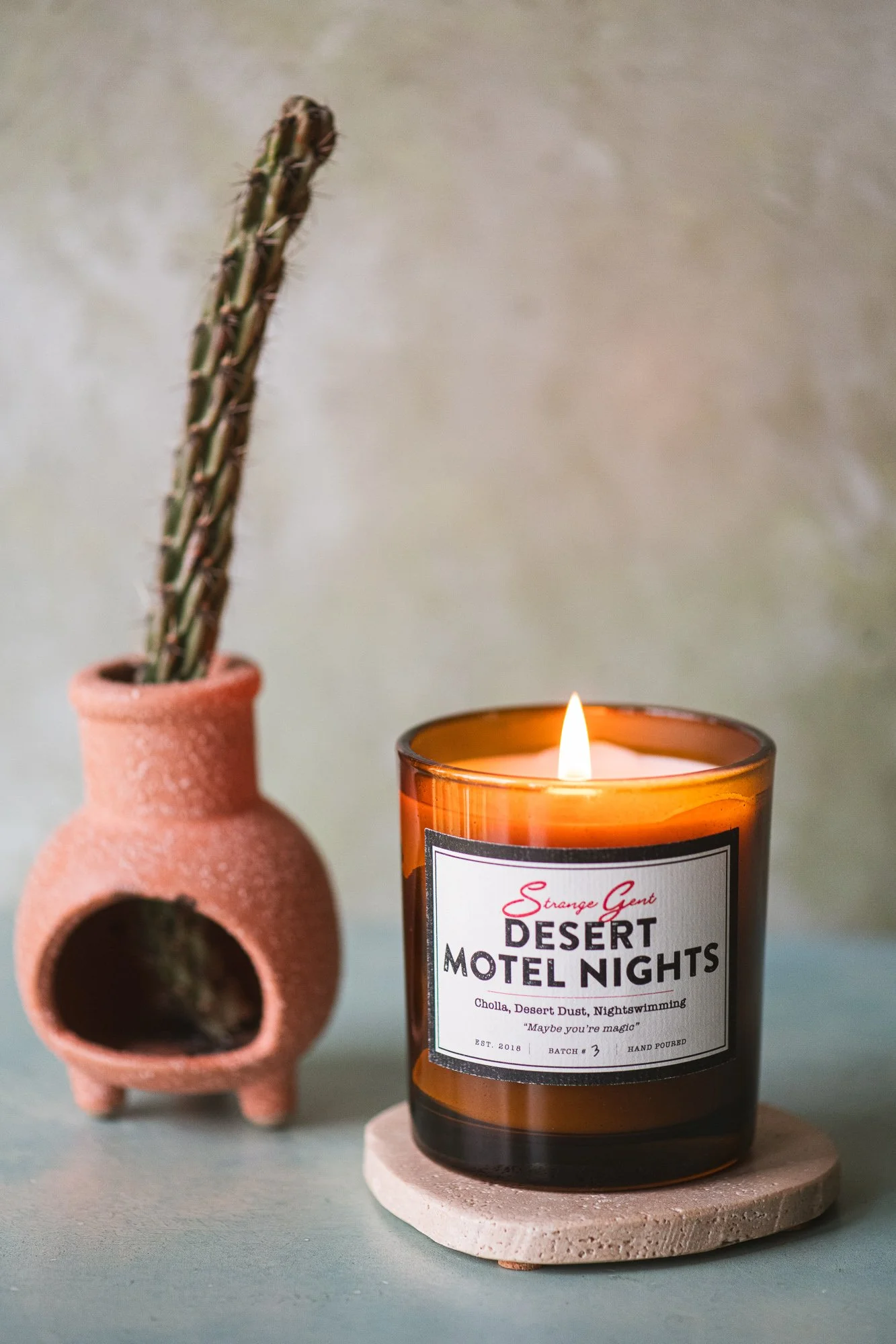 A lit amber candle with a label reading 'Desert Motel Nights' and a small ceramic vase with a cactus plant.