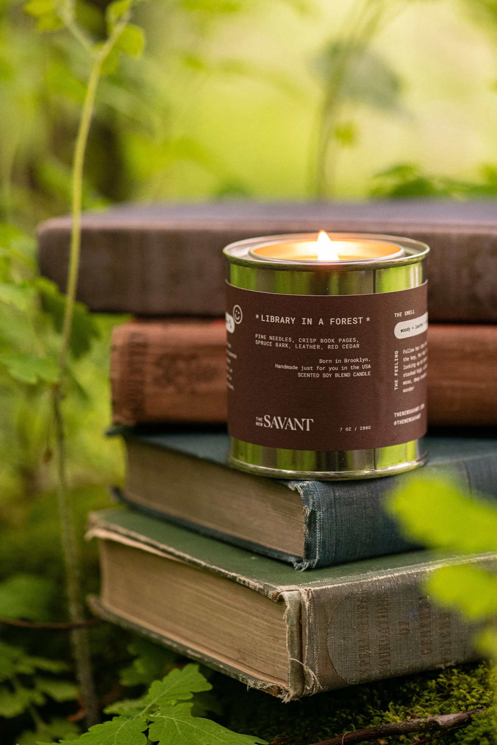 A lit candle in a metal container on top of a stack of old, worn books, with lush green leaves in the background.