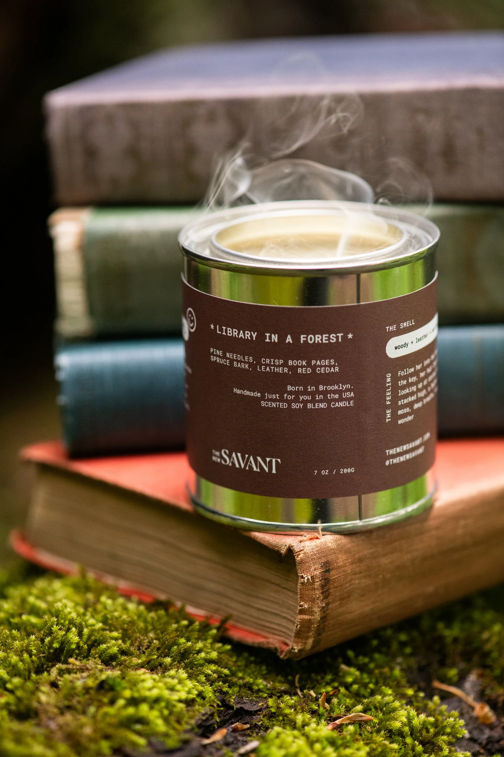 Lit Library in a Forest candle displayed on a mushroom shelf beside vintage books in a wooded setting.