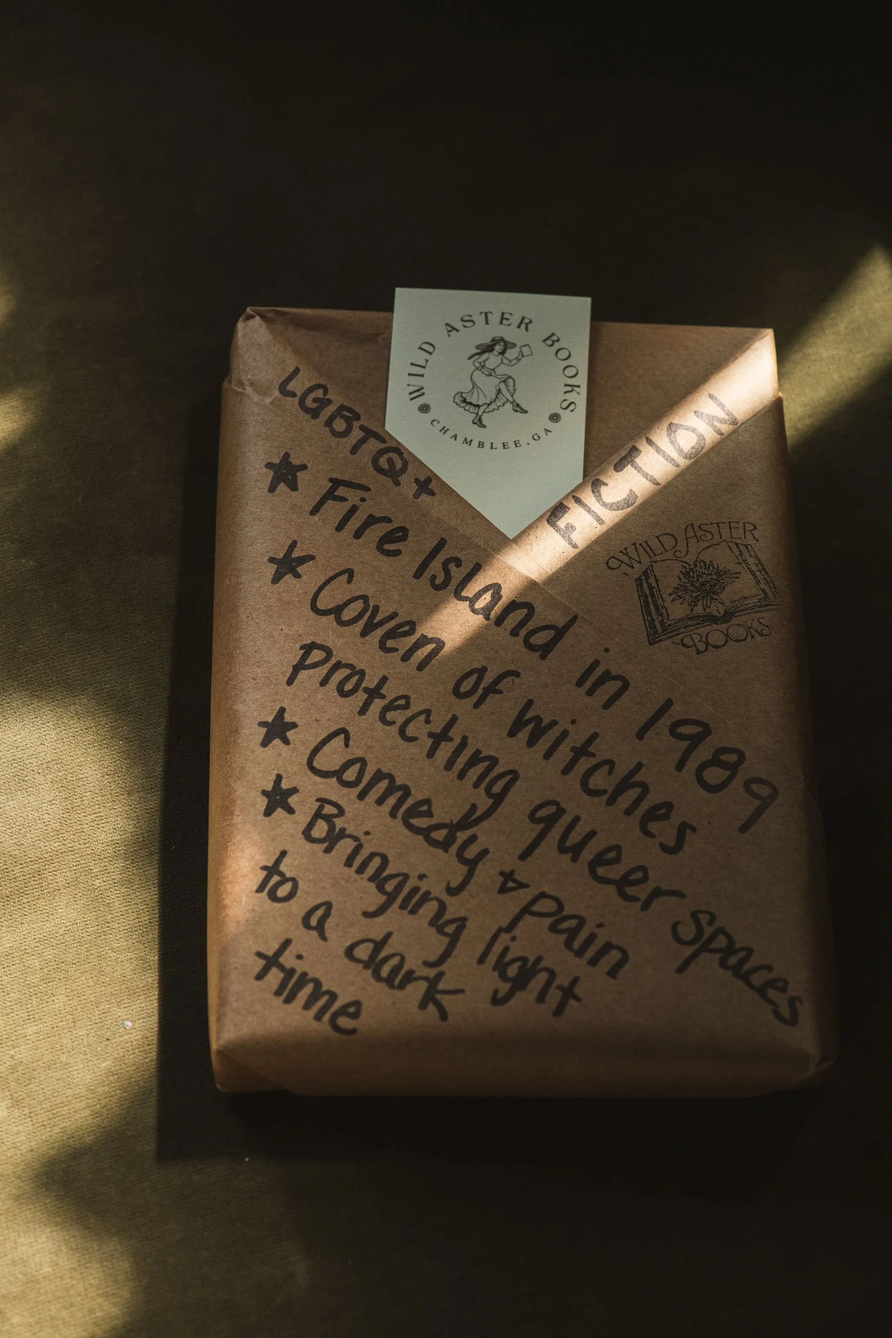 A wrapped gift with natural brown paper, decorated with black handwritten text about Fire Island, protecting and preserving space. A small white label featuring a dancing woman holding a book, with the text 'Wild Aster Books' and a website URL, is at