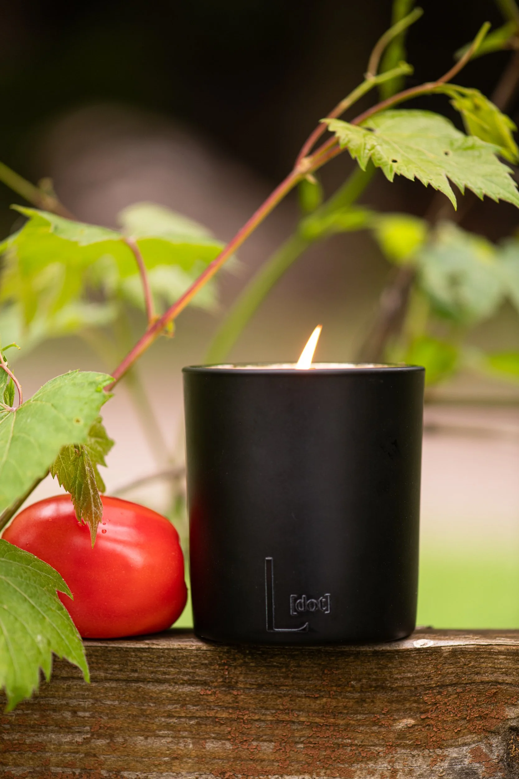 A lit black candle on a wooden surface, a red apple, and green leaves with a blurred dark background.