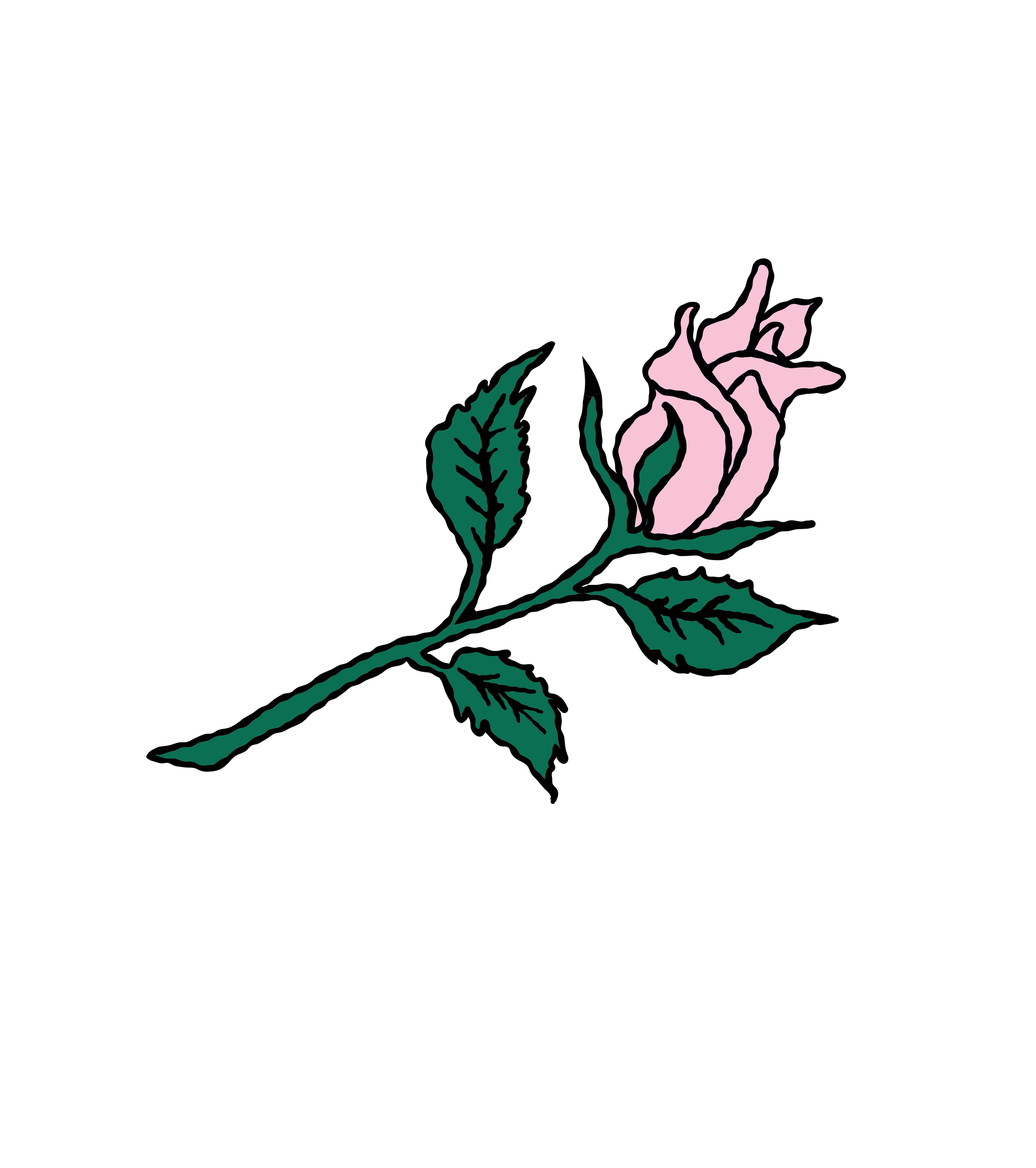 A stylized drawing of a pink rose with green leaves and stem, set against a black background.