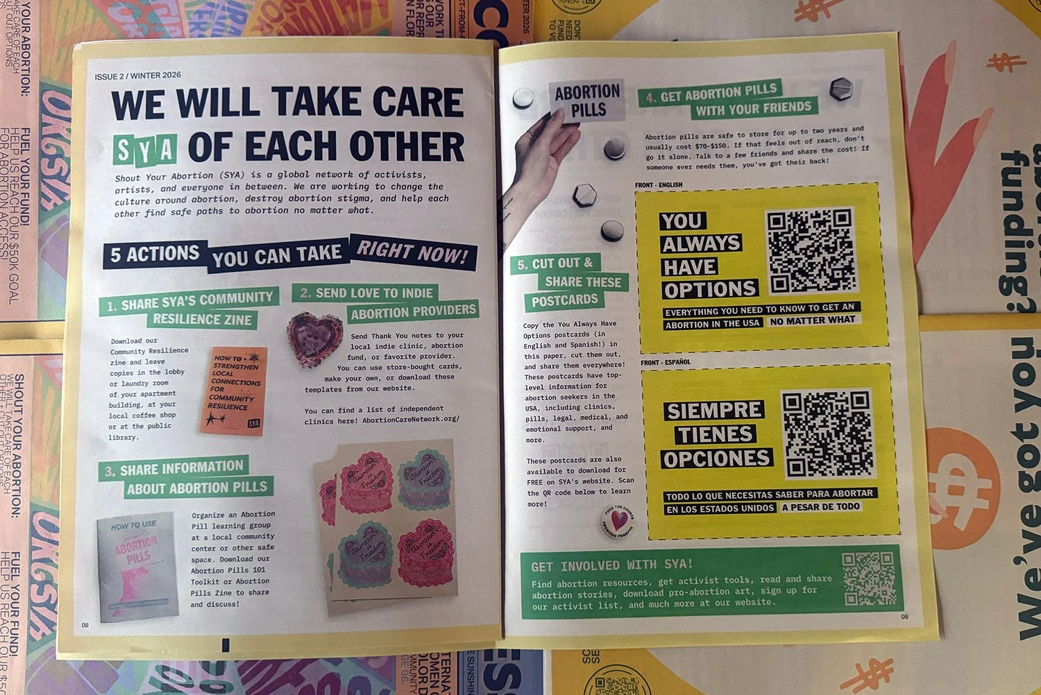 Open pamphlet about abortion advocacy, featuring sections on actions to support abortion rights, including sharing community resilience zines, sending notes to providers, sharing information about abortion pills, and sharing postcards. The pamphlet contains QR codes and instructions in English and Spanish, emphasizing staying informed and involved.