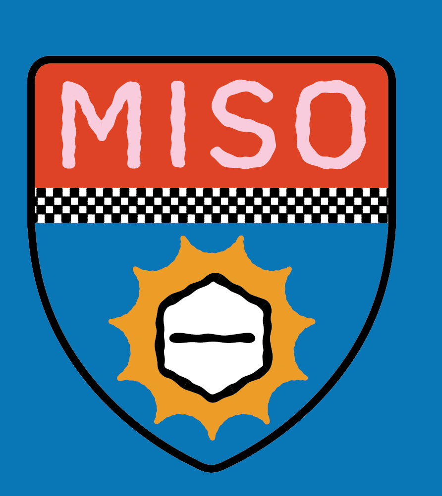Illustrated emblem with the word 'MISO' at the top, a black and white checkered band in the middle, and a symbol resembling a sun with a black shape in the center below, all on a blue background.