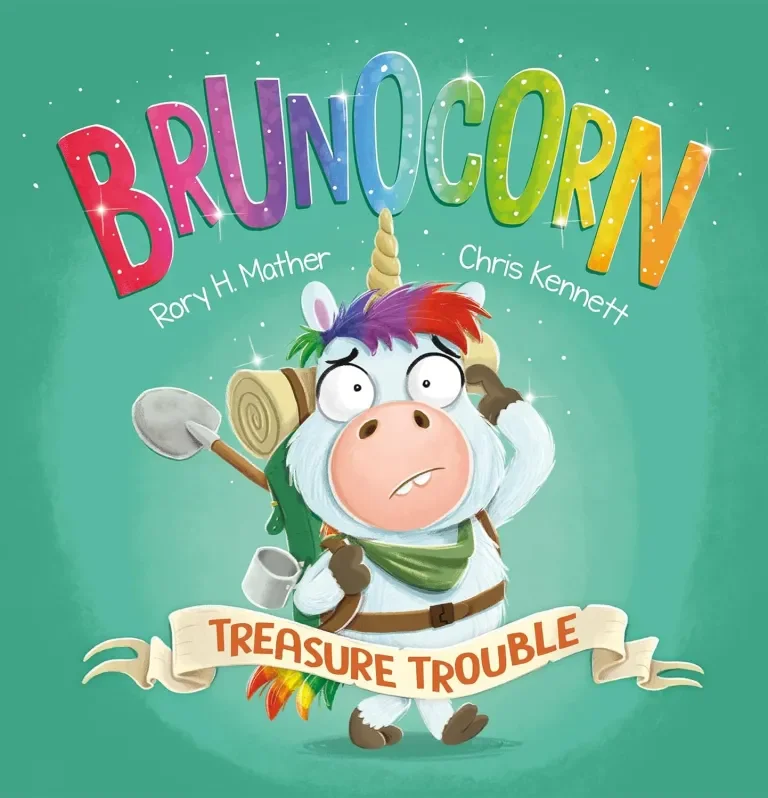 Colorful book cover titled 'Bruno Corn' with the subtitle 'Treasure Trouble'. It features a cartoon unicorn with a rainbow mane, a spiraled horn, and a backpack, looking surprised or worried, set against a green background with stars.