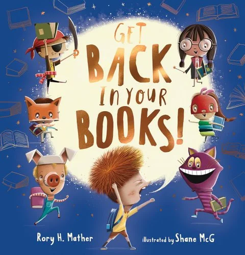 Children surrounding the book title 'Get Back in Your Books!' with a boy in the center holding a spiky hairbrush, all illustrated in a colorful cartoon style.