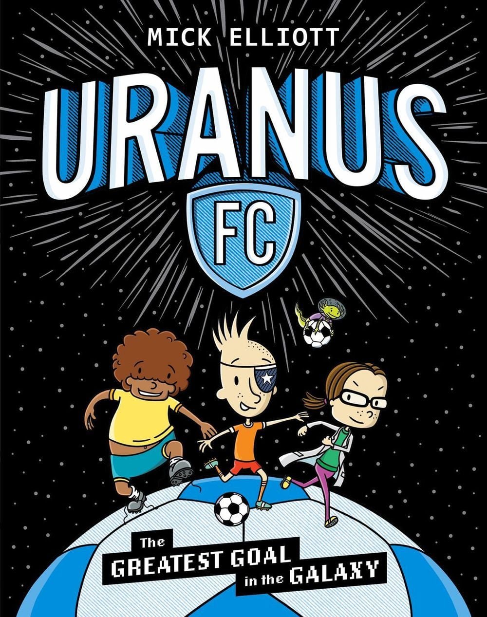 Book cover featuring cartoon characters playing soccer on a space-themed background with stars and a planet.