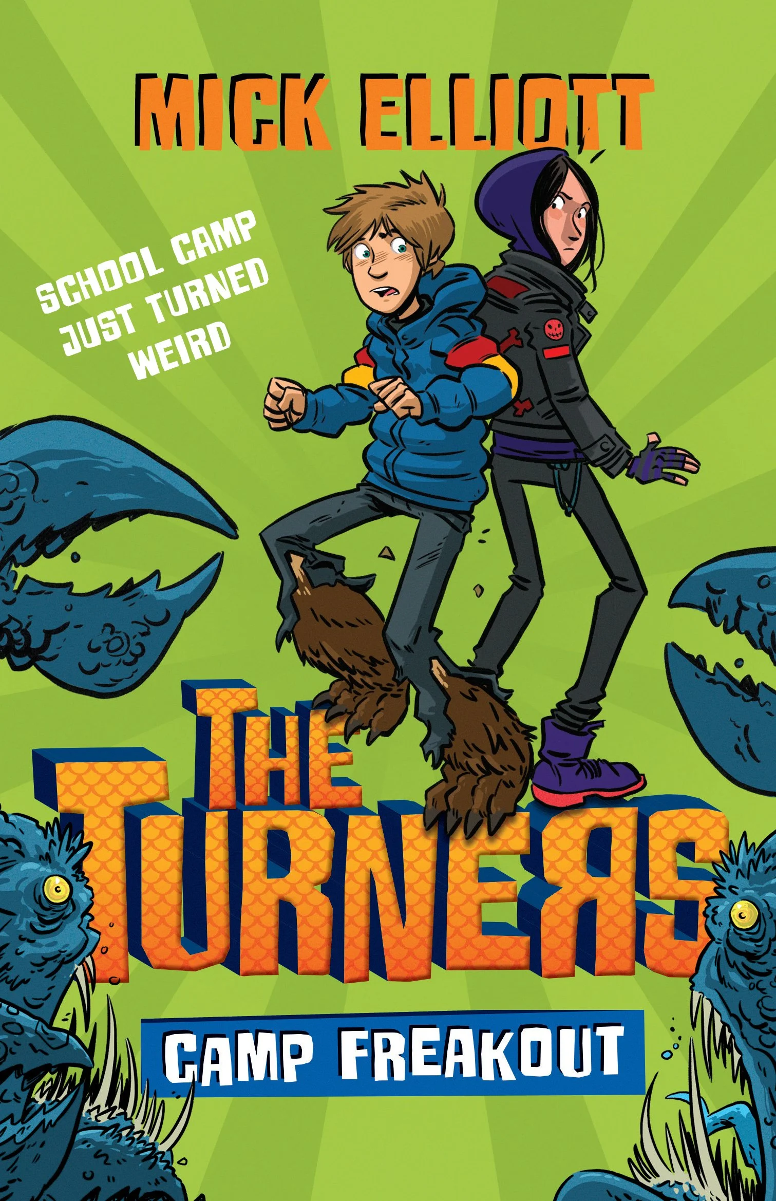 Cover of a comic book titled "The Tunnels" featuring two young characters, a boy and a girl, surrounded by cartoon-style monsters and monsters' eyes, with the subtitle "School Camp Just Turned Weird" and "Camp Freakout."