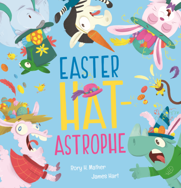 Cover of a children's book titled 'Easter Hat-astrophe' featuring cartoon animals wearing colorful hats, including a bunny, a chicken, a crocodile, a llama, and a zebra, with eggs and decorations around them.